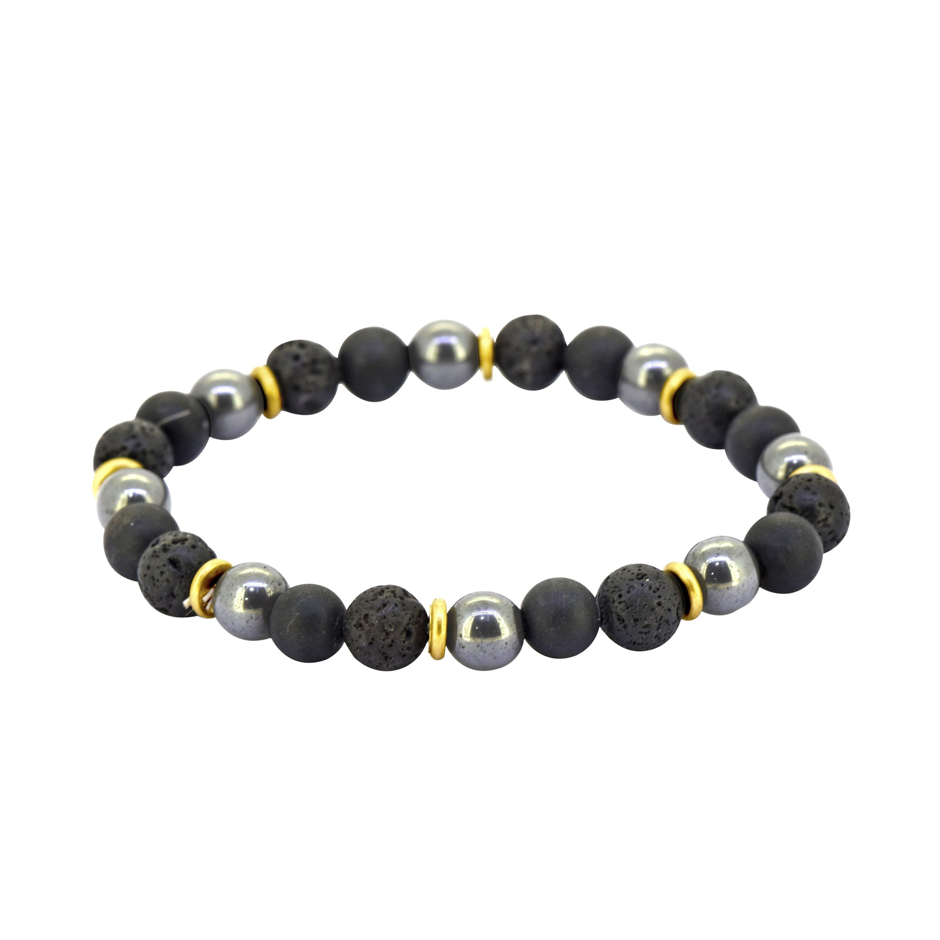Black Onyx Hematite Volcanic Lava Brass Stretchable Beads Bracelet 7" For Men's Jewelry - YoTreasure