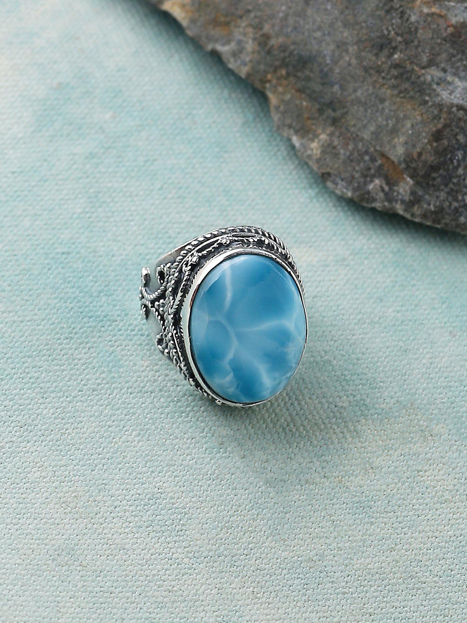 Natural Larimar Solid 925 Sterling Silver Cocktail Ring Jewelry - YoTreasure