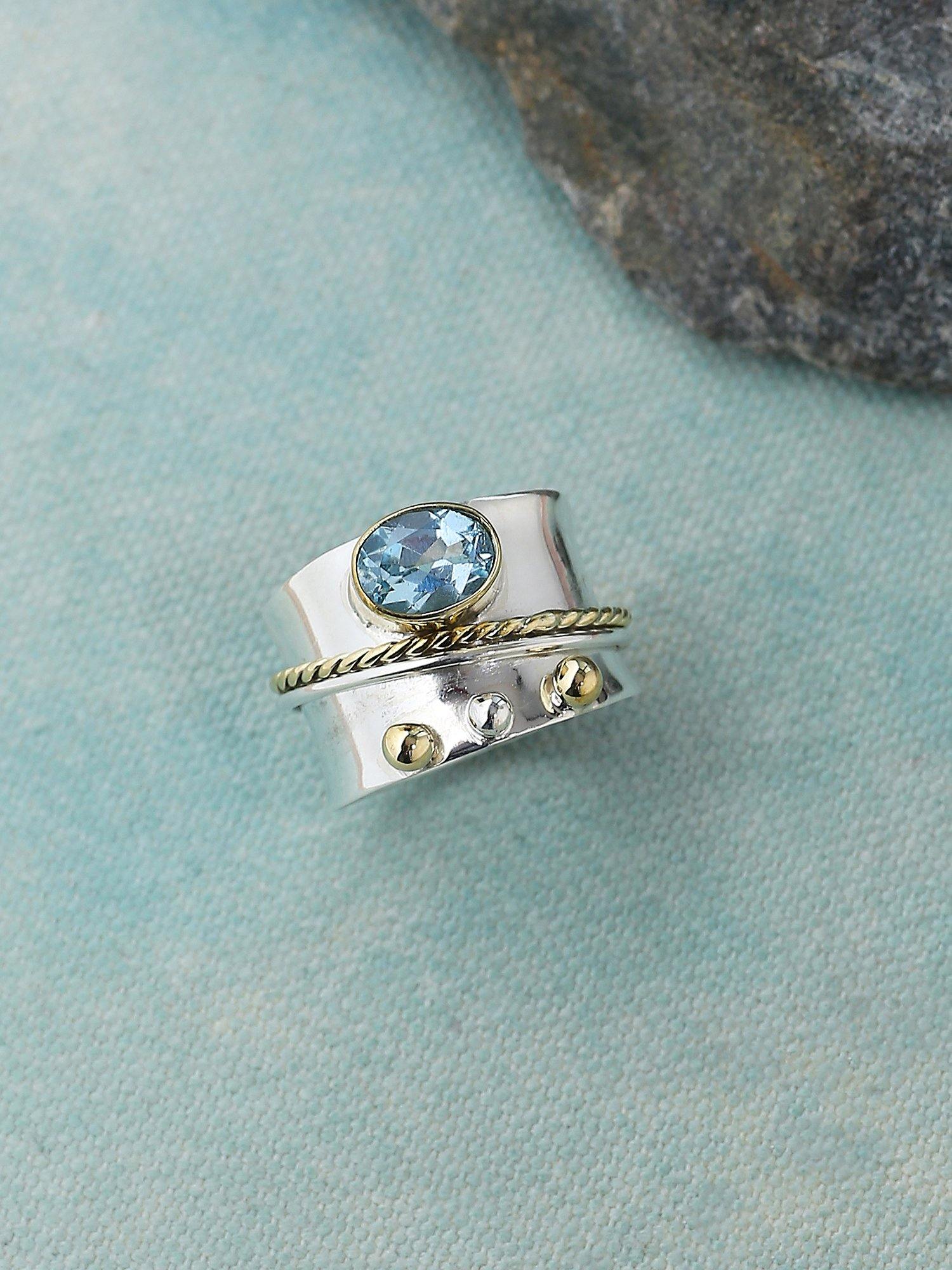 Blue Topaz Solid 925 Sterling Silver Brass Two Tone Designer Ring Jewelry - YoTreasure