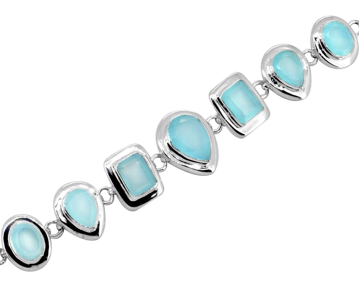 Aqua Chalcedony Solid 925 Sterling Silver Link Chain Bracelet Jewelry - YoTreasure