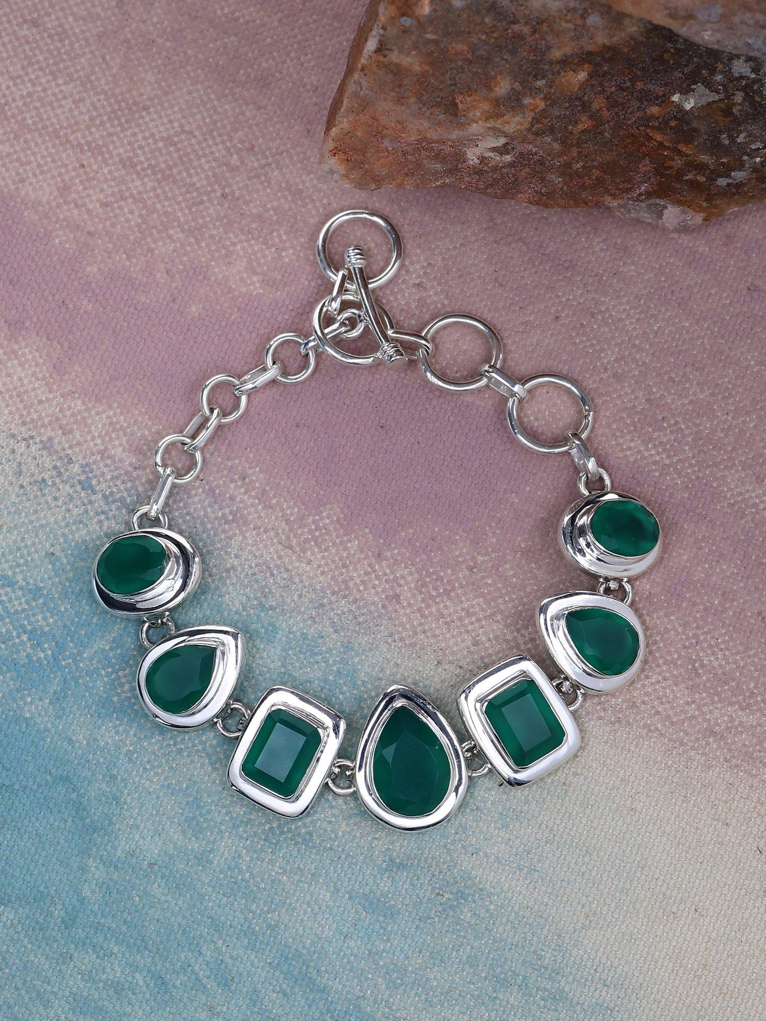 Green Onyx Solid 925 Sterling Silver Link Chain Bracelet Jewelry - YoTreasure