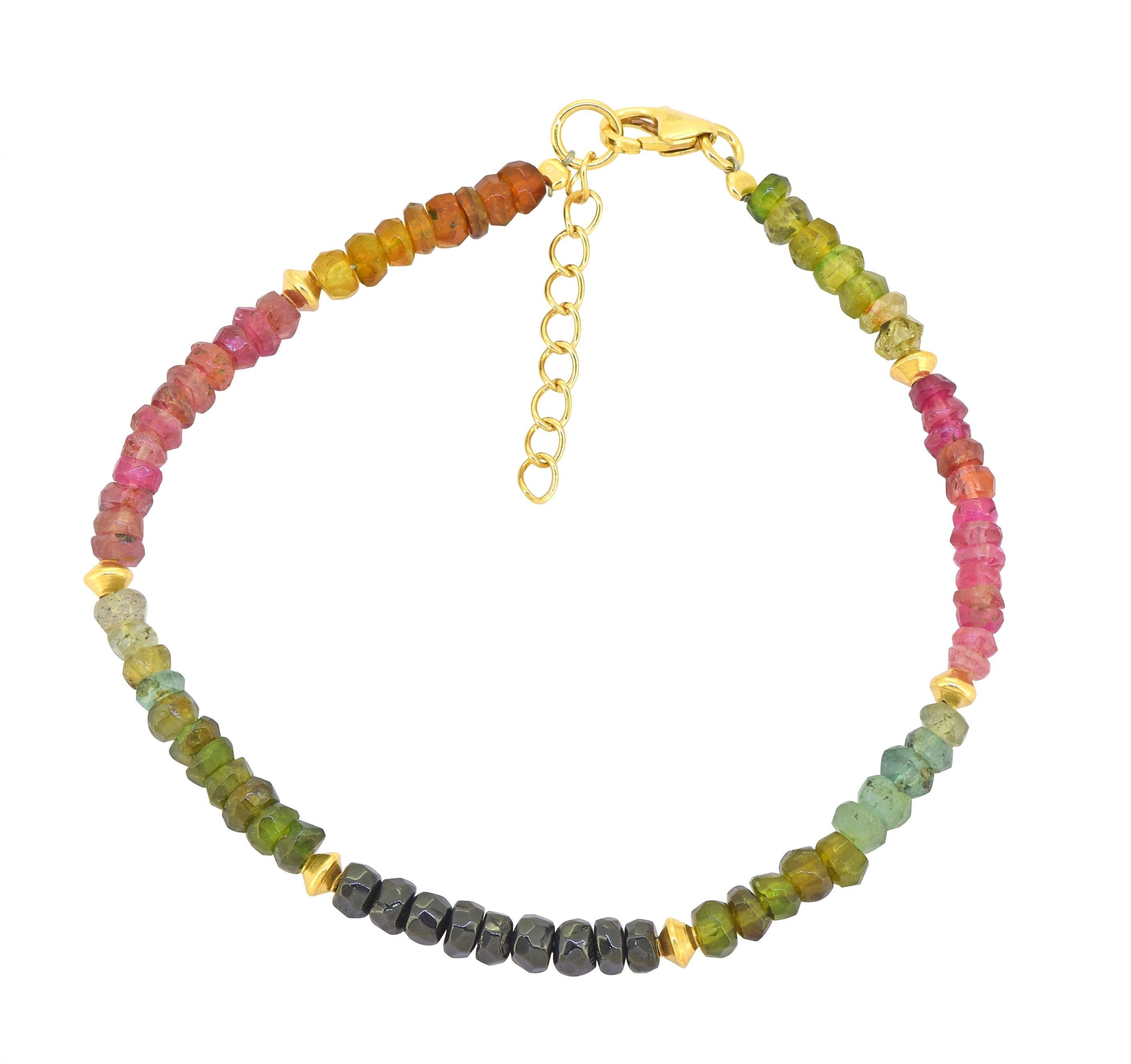 Multi Tourmaline Solid 925 Sterling Silver Gold Plated Link Chain Bracelet 8" - YoTreasure
