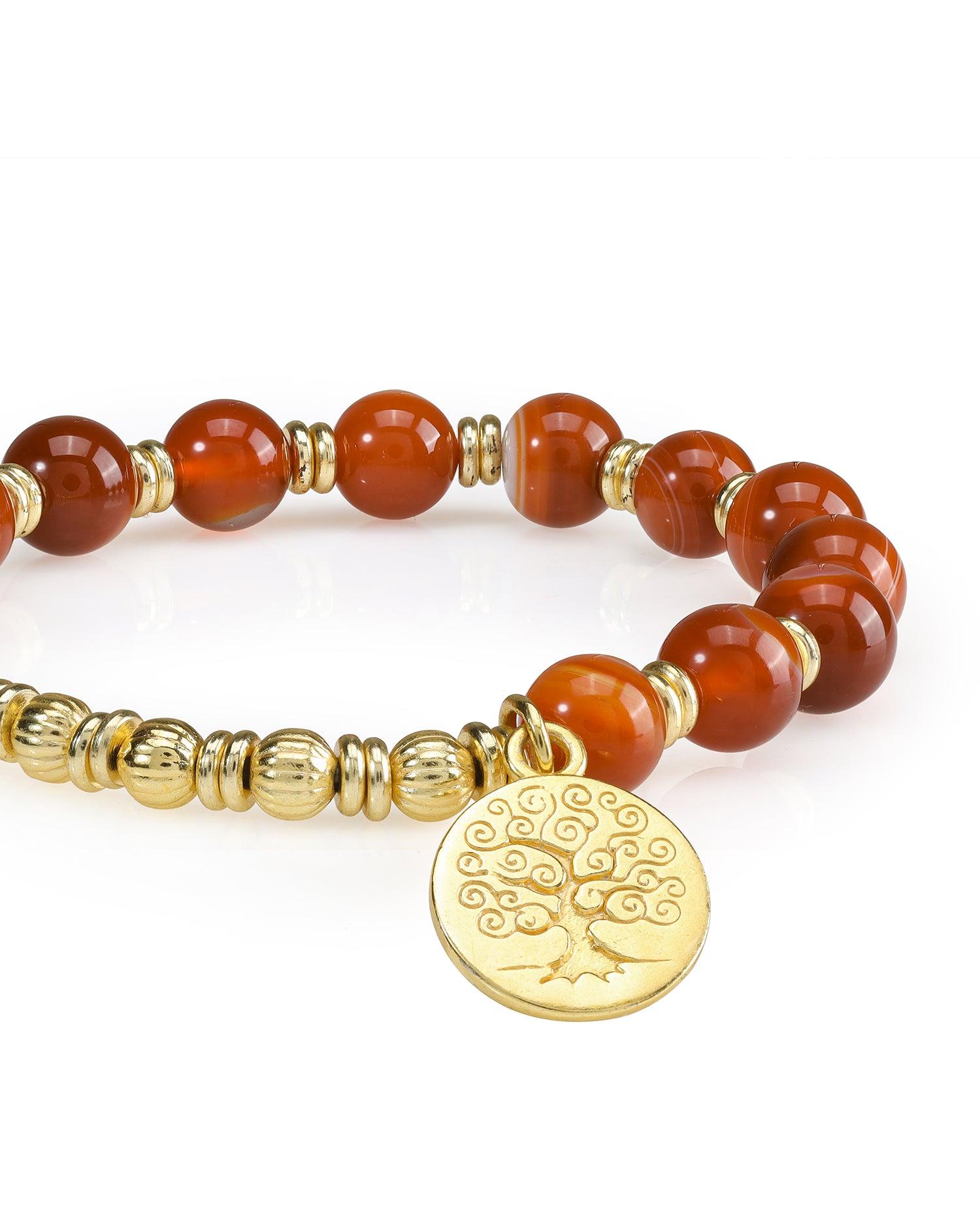 Red Banded Agate Tree of Life Charm Stretchable Beaded Bracelet Brass Gemstone Jewelry - YoTreasure