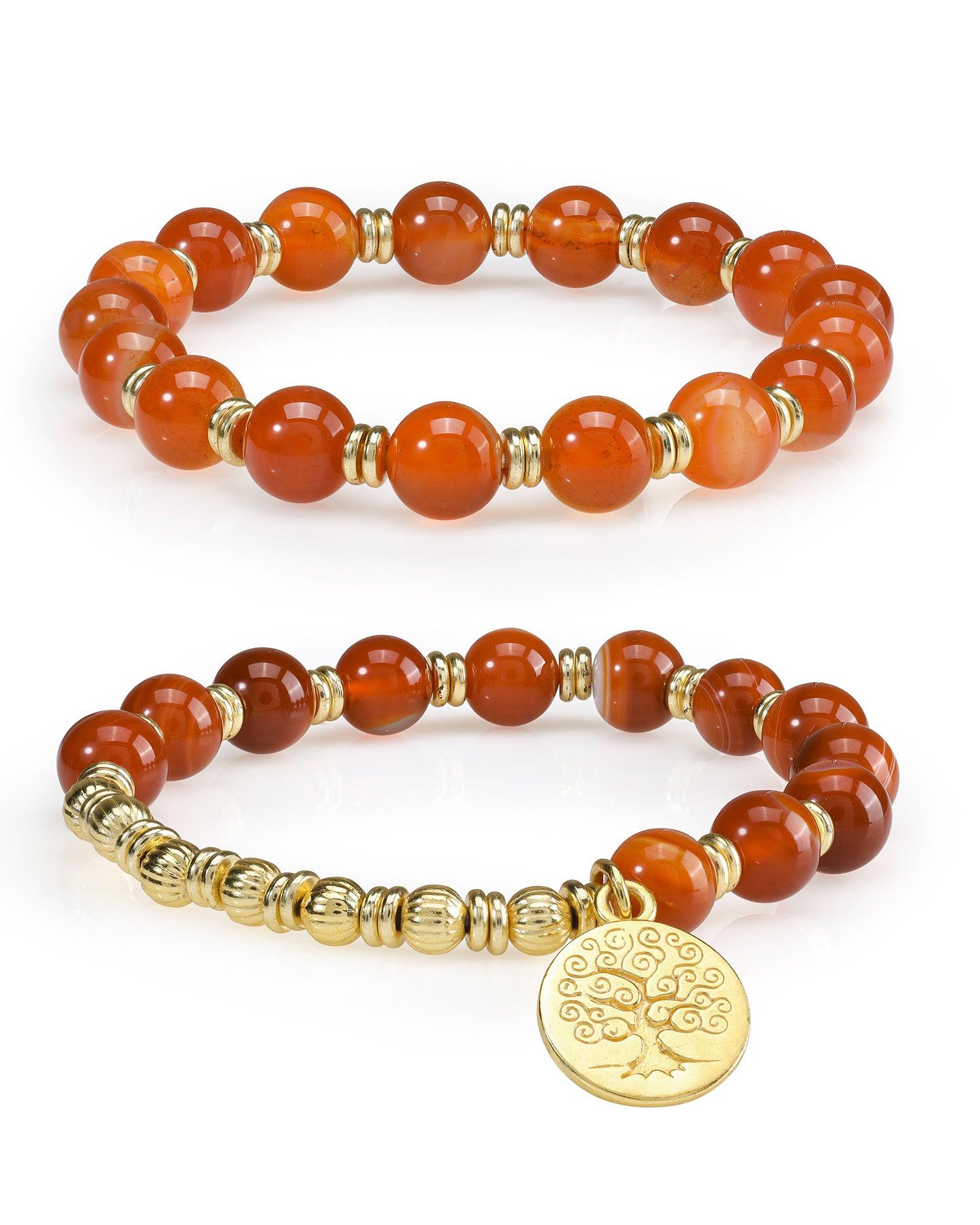 Red Banded Agate Tree of Life Charm Stretchable Beaded Bracelet Brass Gemstone Jewelry - YoTreasure