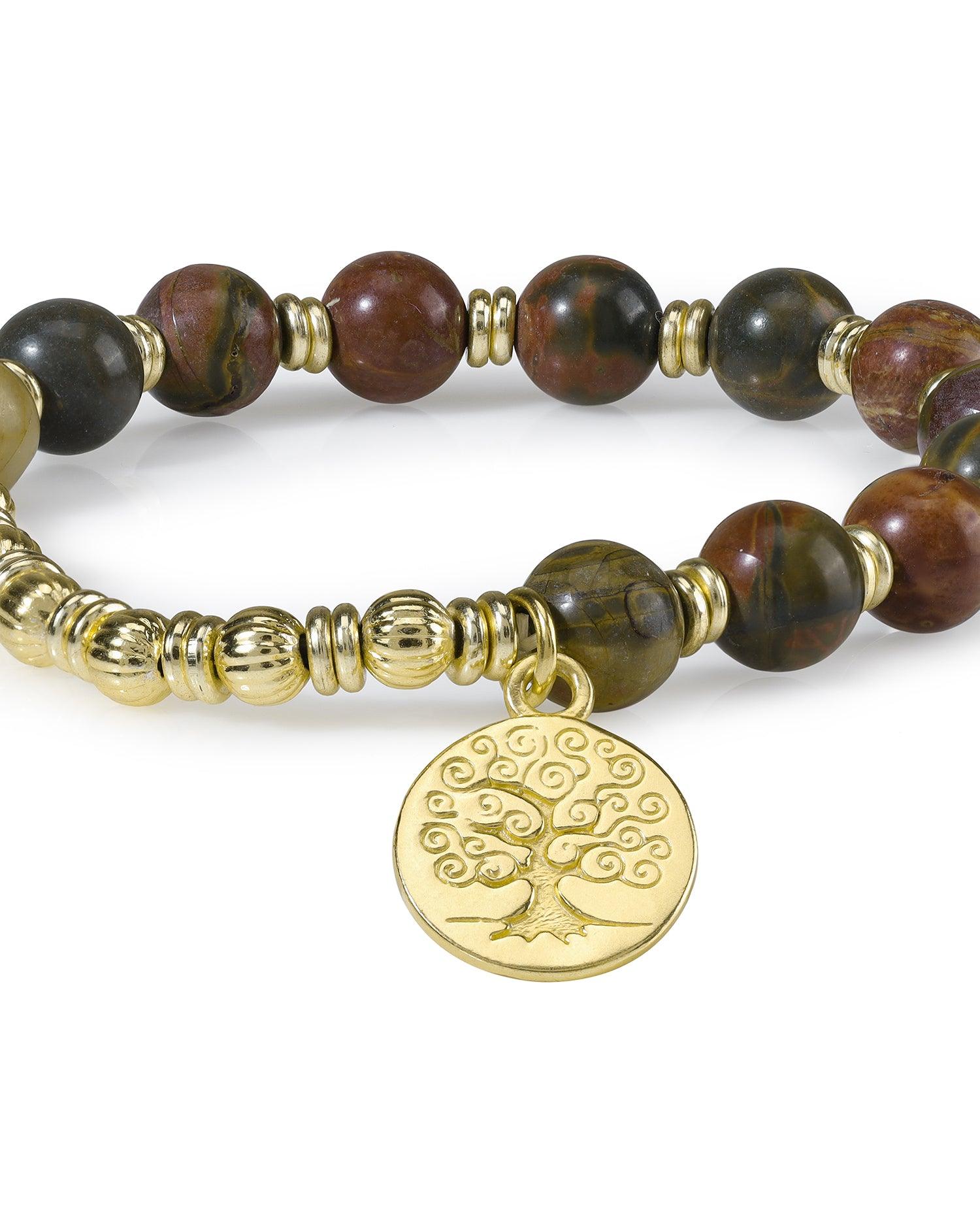 Picasso Jasper Tree of Life Charm Stretchable Beaded Bracelet Brass Gemstone Jewelry - YoTreasure