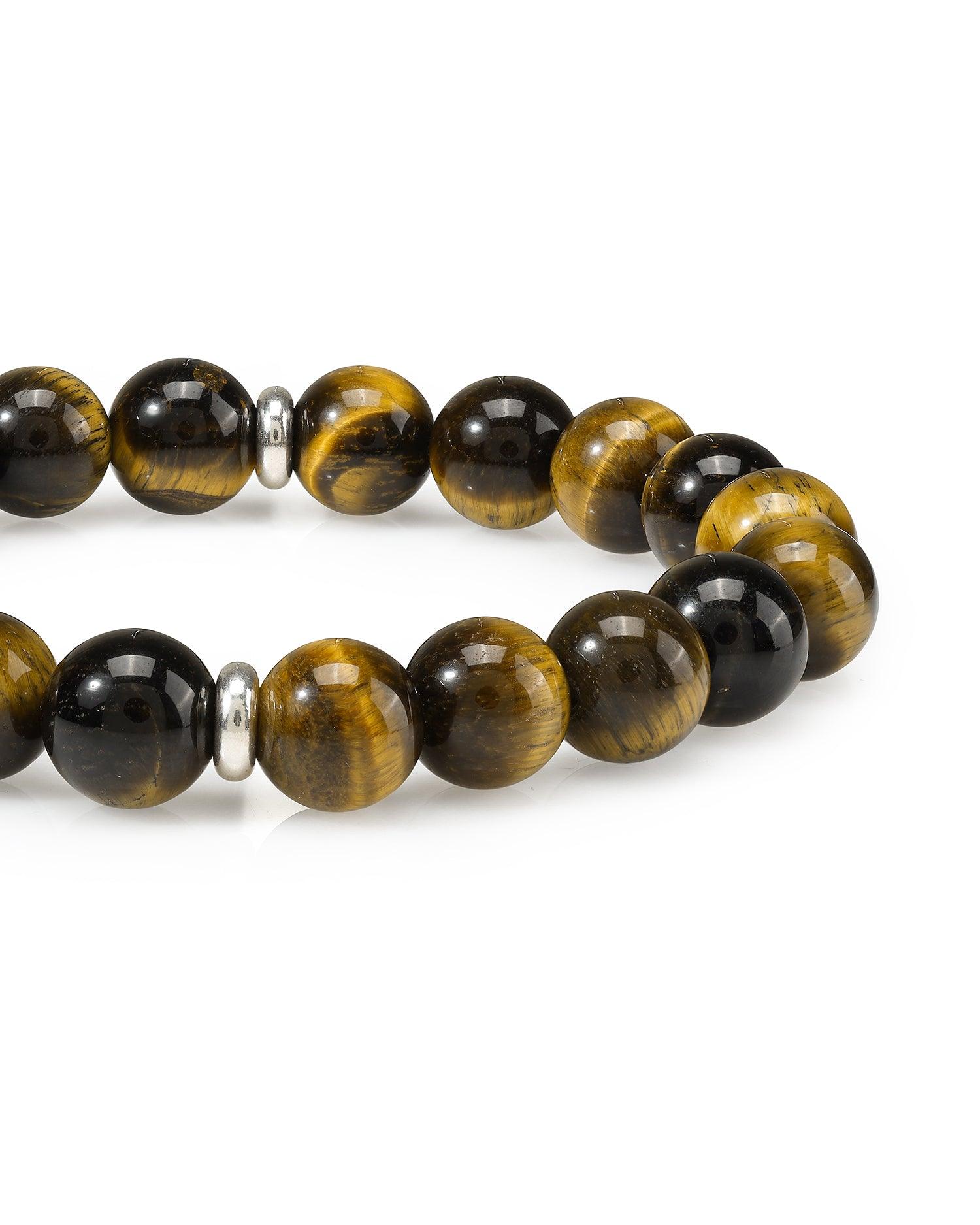 Tiger Eye Solid 925 Sterling Silver Charm Stretchable Beaded Bracelet For Men's Jewelry - YoTreasure