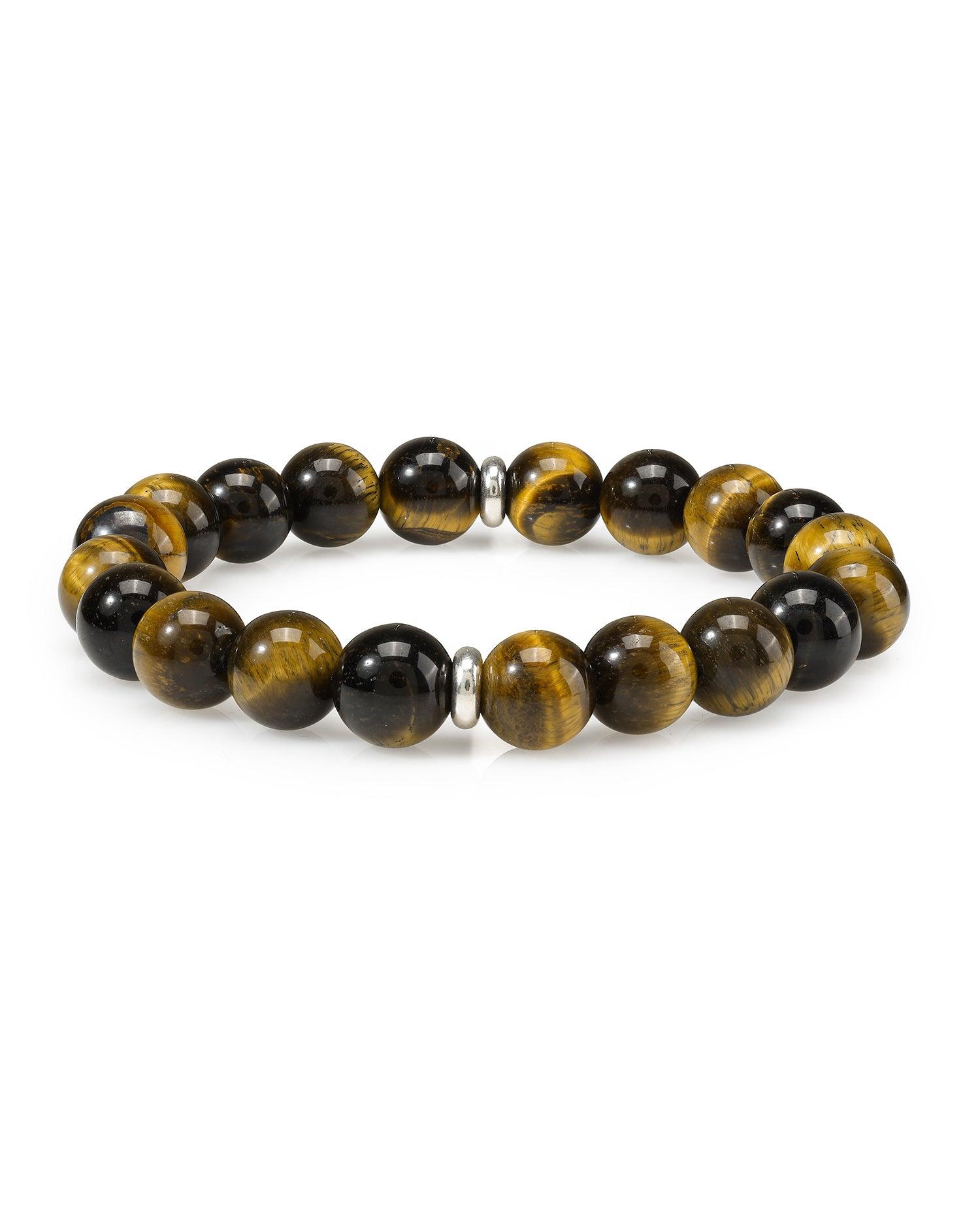 Tiger Eye Solid 925 Sterling Silver Charm Stretchable Beaded Bracelet For Men's Jewelry - YoTreasure