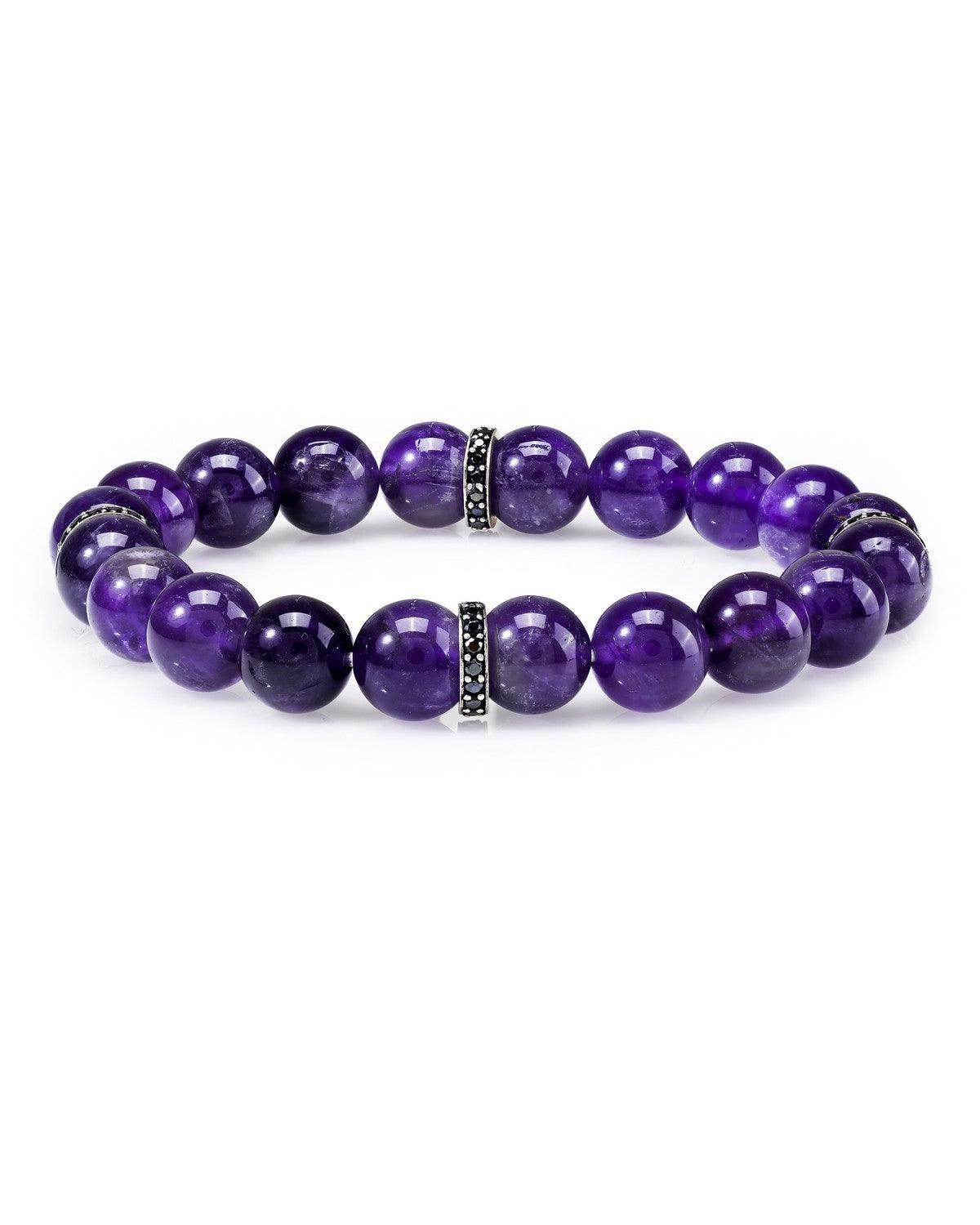 Amethyst Black Spinel 925 Sterling Silver Stretchable Beads Bracelet 7" For Men's Jewelry - YoTreasure