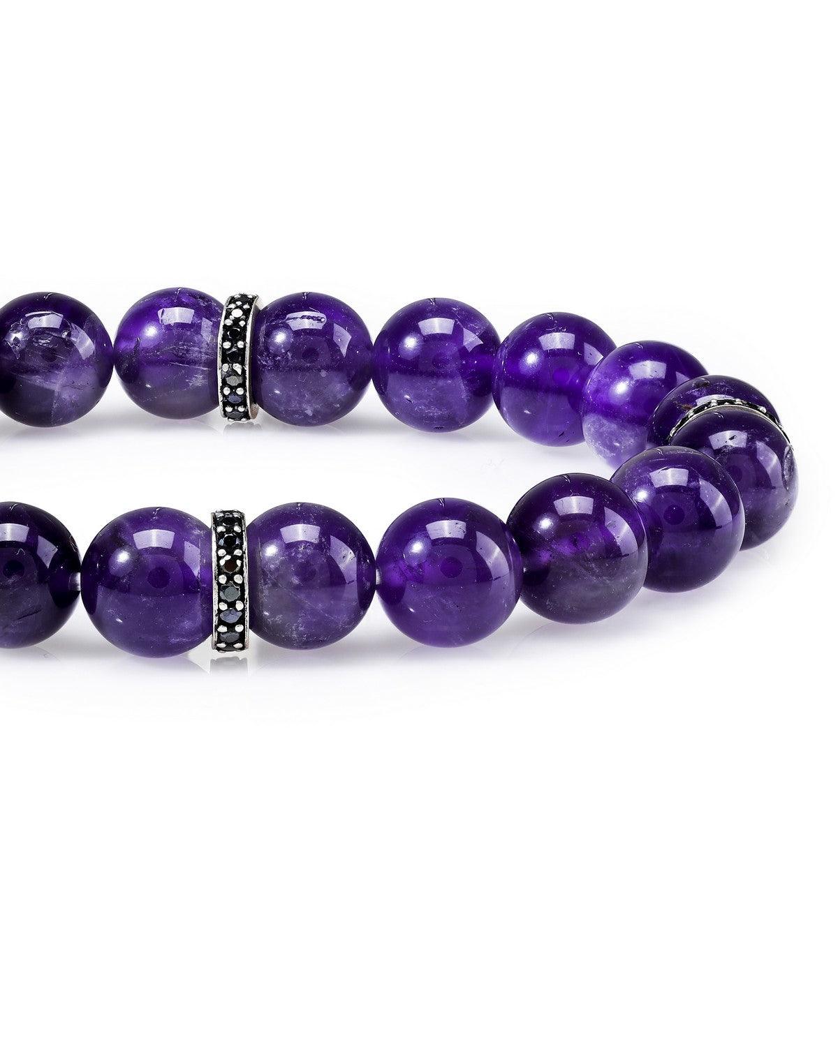 Amethyst Black Spinel 925 Sterling Silver Stretchable Beads Bracelet 7" For Men's Jewelry - YoTreasure
