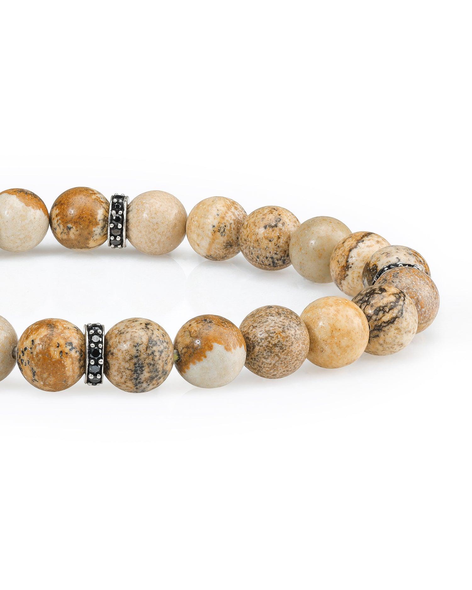 Picture Jasper Black Spinel Solid 925 Sterling Silver Stretchable Beads Bracelet 7" For Men's Jewelry - YoTreasure