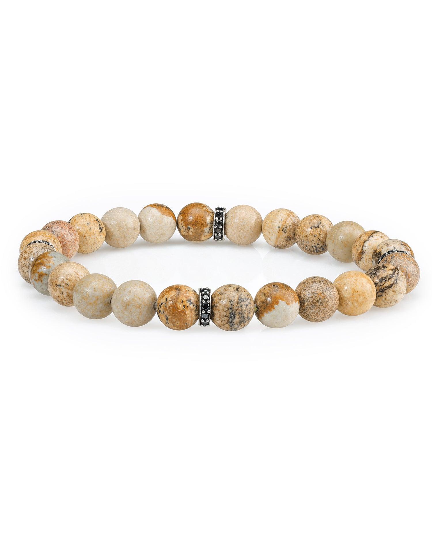 Picture Jasper Black Spinel Solid 925 Sterling Silver Stretchable Beads Bracelet 7" For Men's Jewelry - YoTreasure