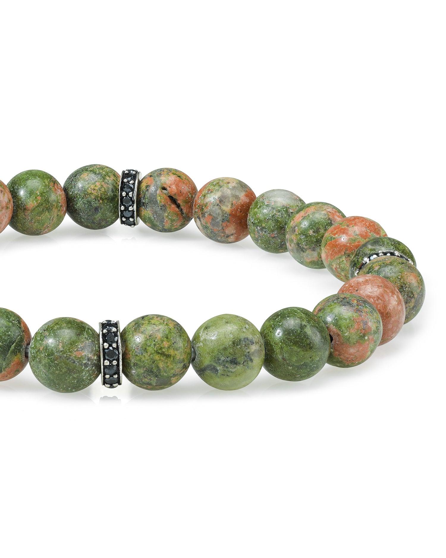Unakite Black Spinel 925 Sterling Silver Stretchable Beads Bracelet 7" For Men's Jewelry - YoTreasure