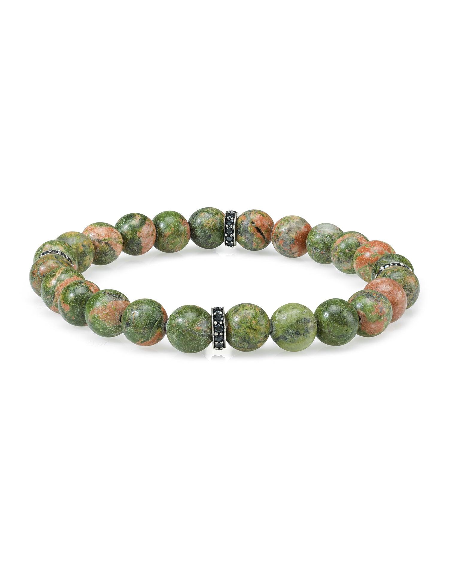 Unakite Black Spinel 925 Sterling Silver Stretchable Beads Bracelet 7" For Men's Jewelry - YoTreasure