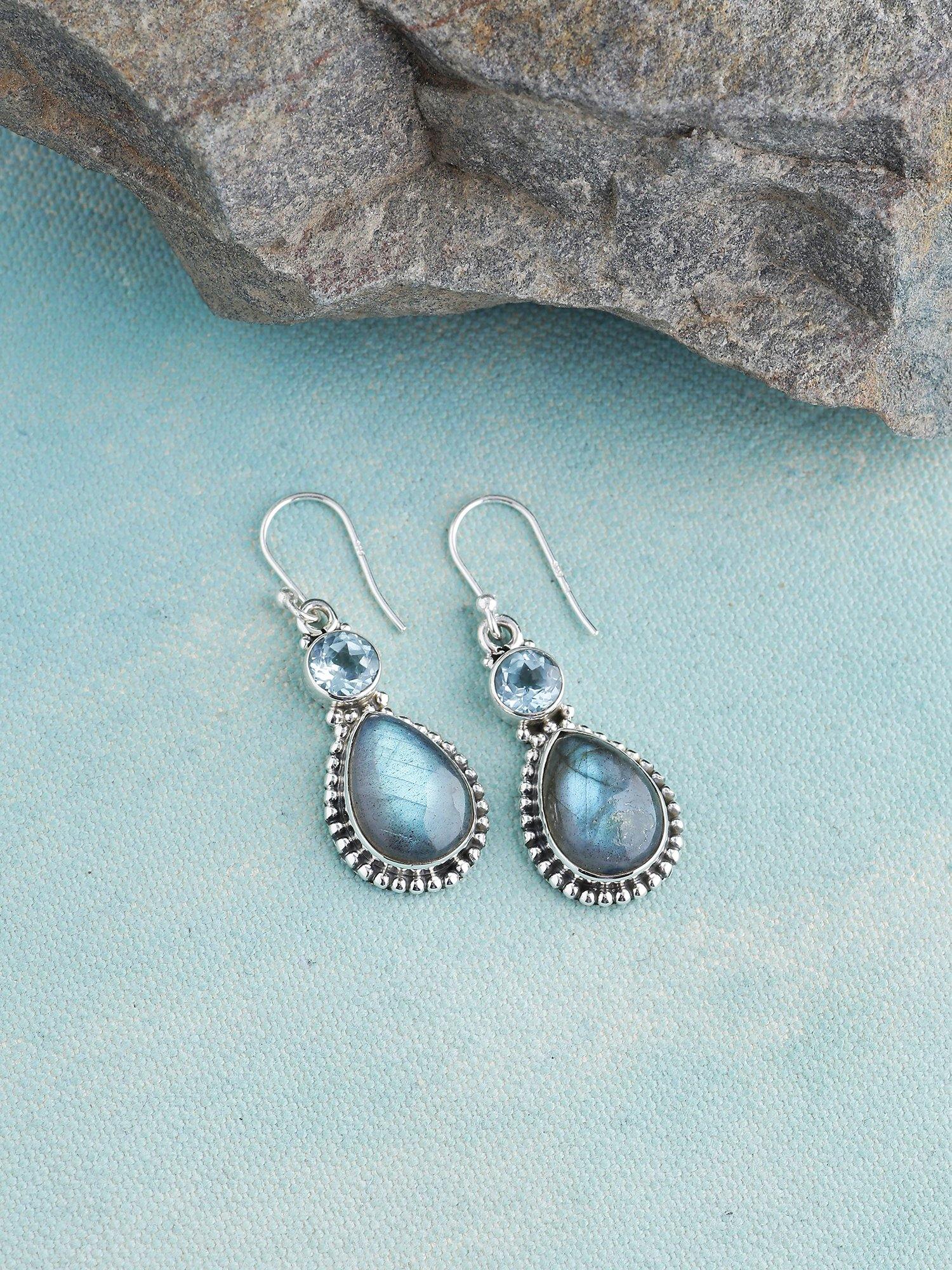 Labradorite Blue Topaz Solid 925 Sterling Silver Teardrop Earrings Jewelry - YoTreasure