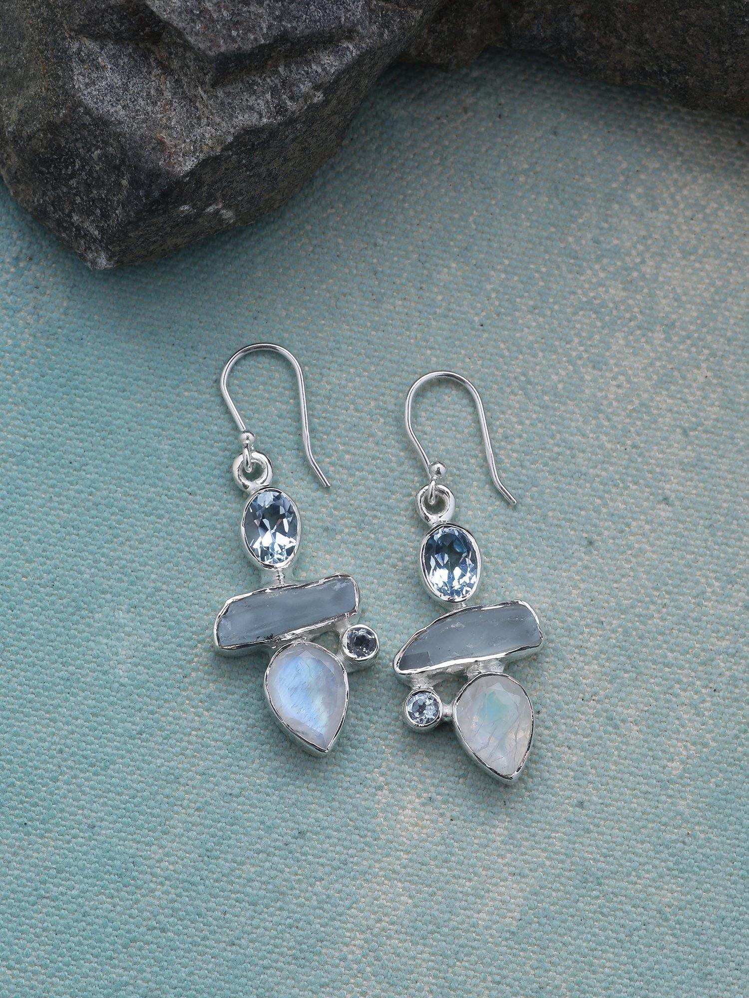 Rough Blue Topaz Moonstone Solid 925 Sterling Silver Dangle Earrings Jewelry - YoTreasure