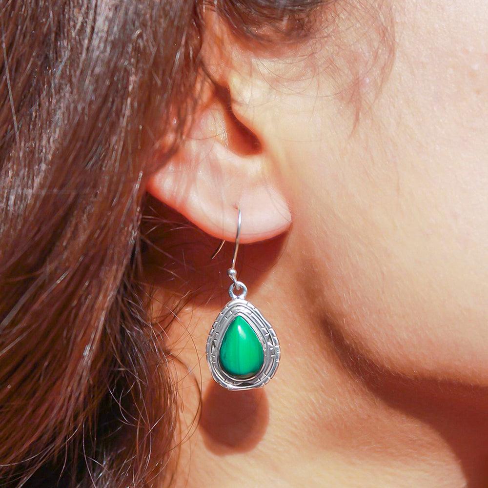 1.35" Green Malachite Solid Sterling Silver Dangle Earrings Jewelry - YoTreasure