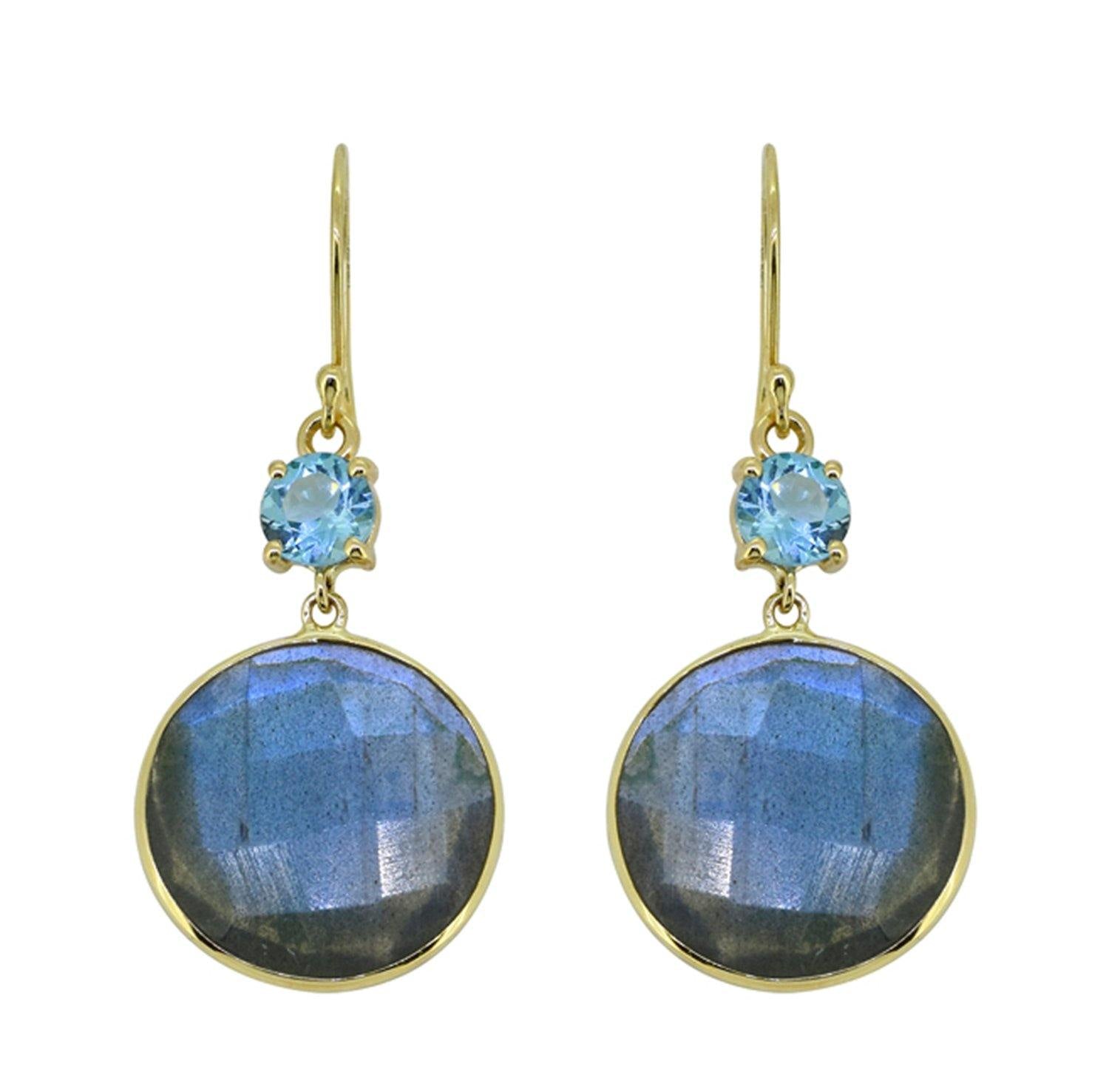 14.49 ct Labradorite Blue Topaz Solid 14k Gold Dangle Earrings Jewelry - YoTreasure