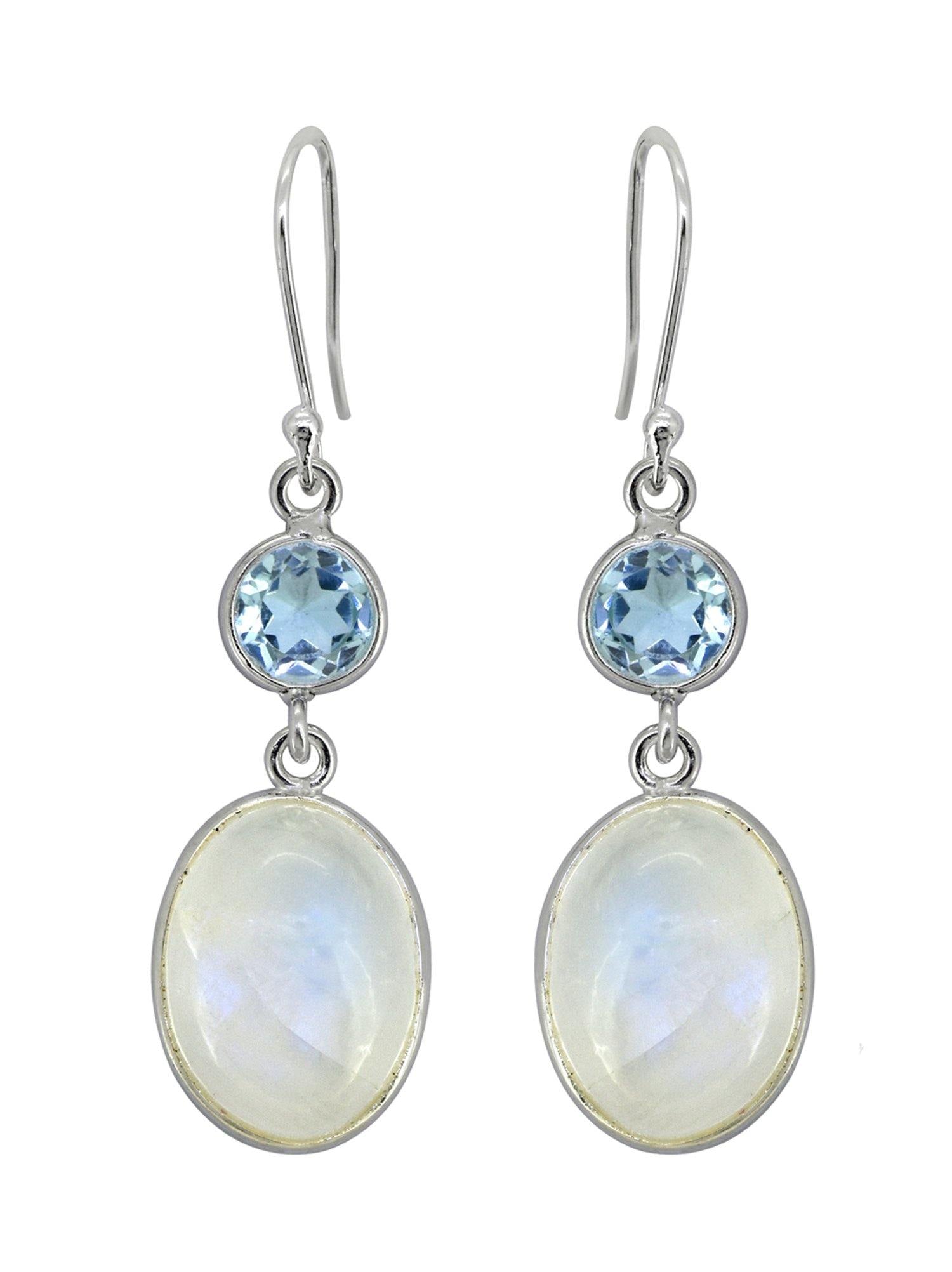 Rainbow Moonstone Blue Topaz Solid 925 Sterling Silver Dangle Earrings Jewelry - YoTreasure