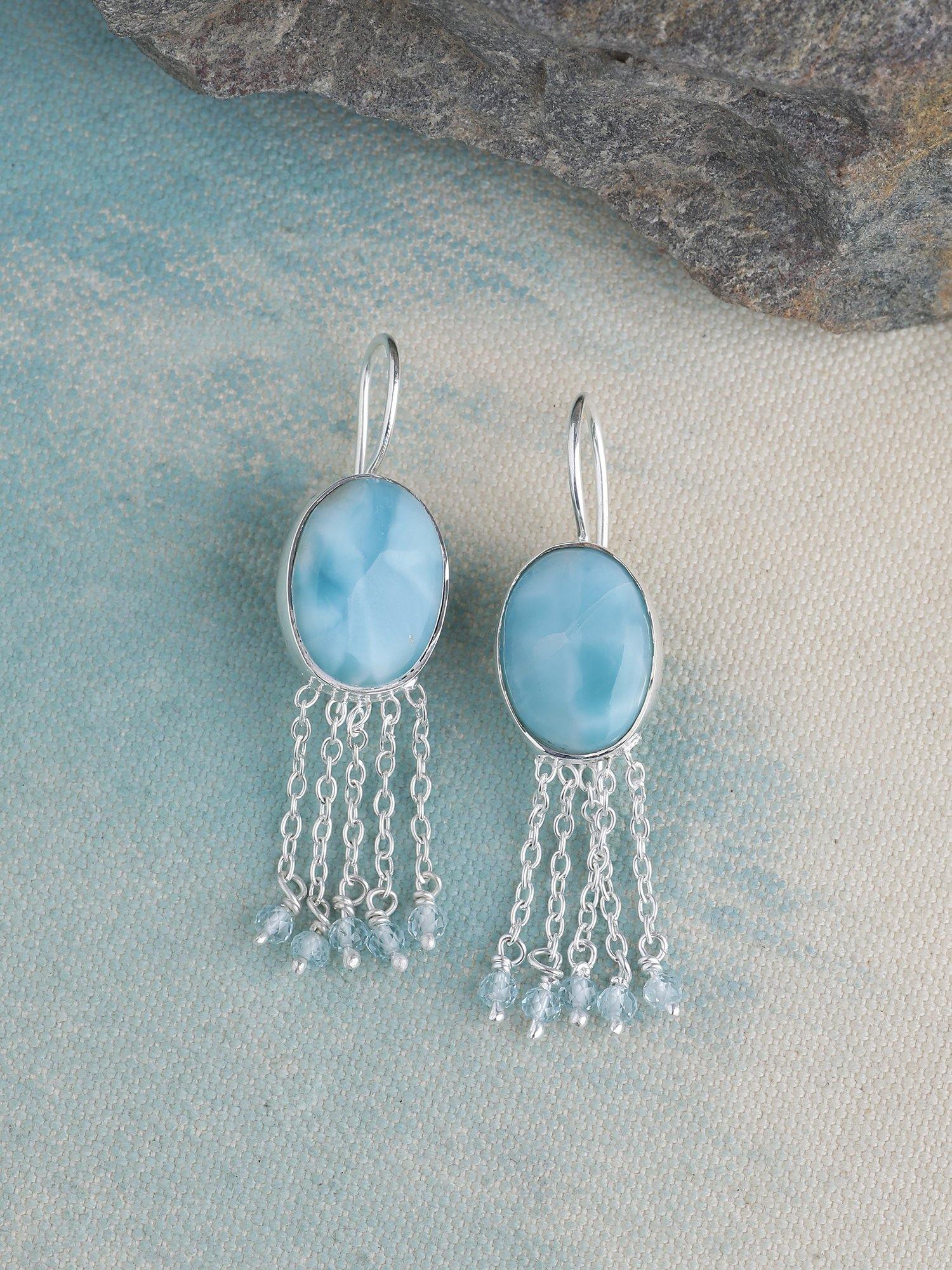 Larimar Blue Topaz Solid 925 Sterling Silver Fixed Wire Chandelier Earrings Jewelry - YoTreasure