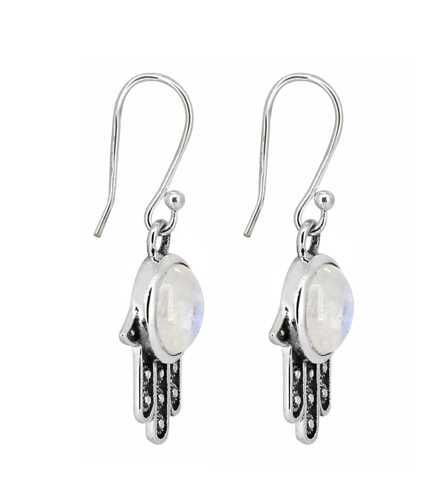 Rainbow Moonstone Solid 925 Sterling Silver Hamsa Hand Dangle Hook Earrings Protective Symbol Jewelry - YoTreasure