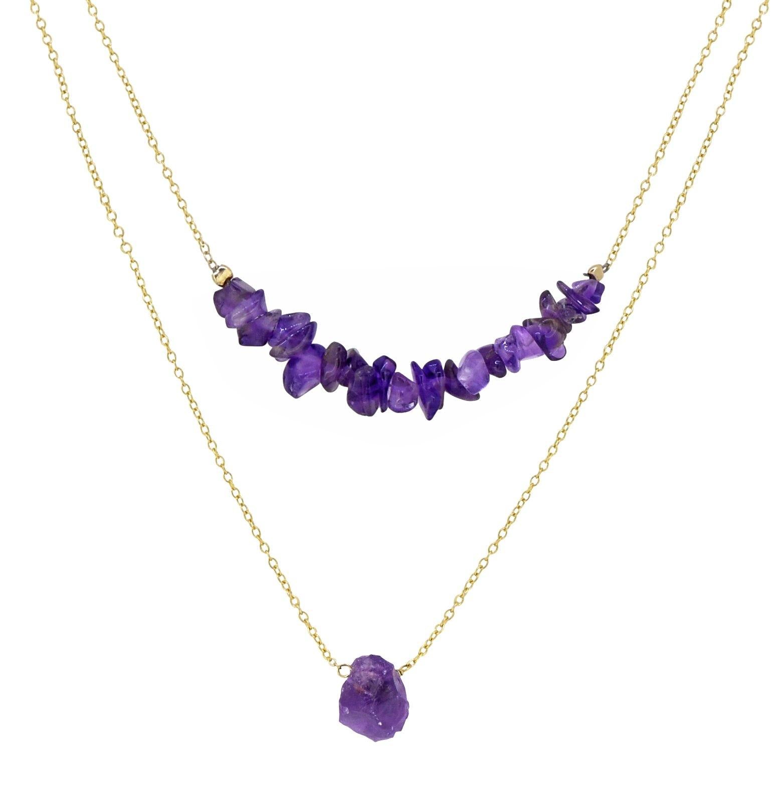 Amethyst Solid 925 Sterling Silver Gold Plated Double Layer Chain Pendant Necklace Jewelry - YoTreasure