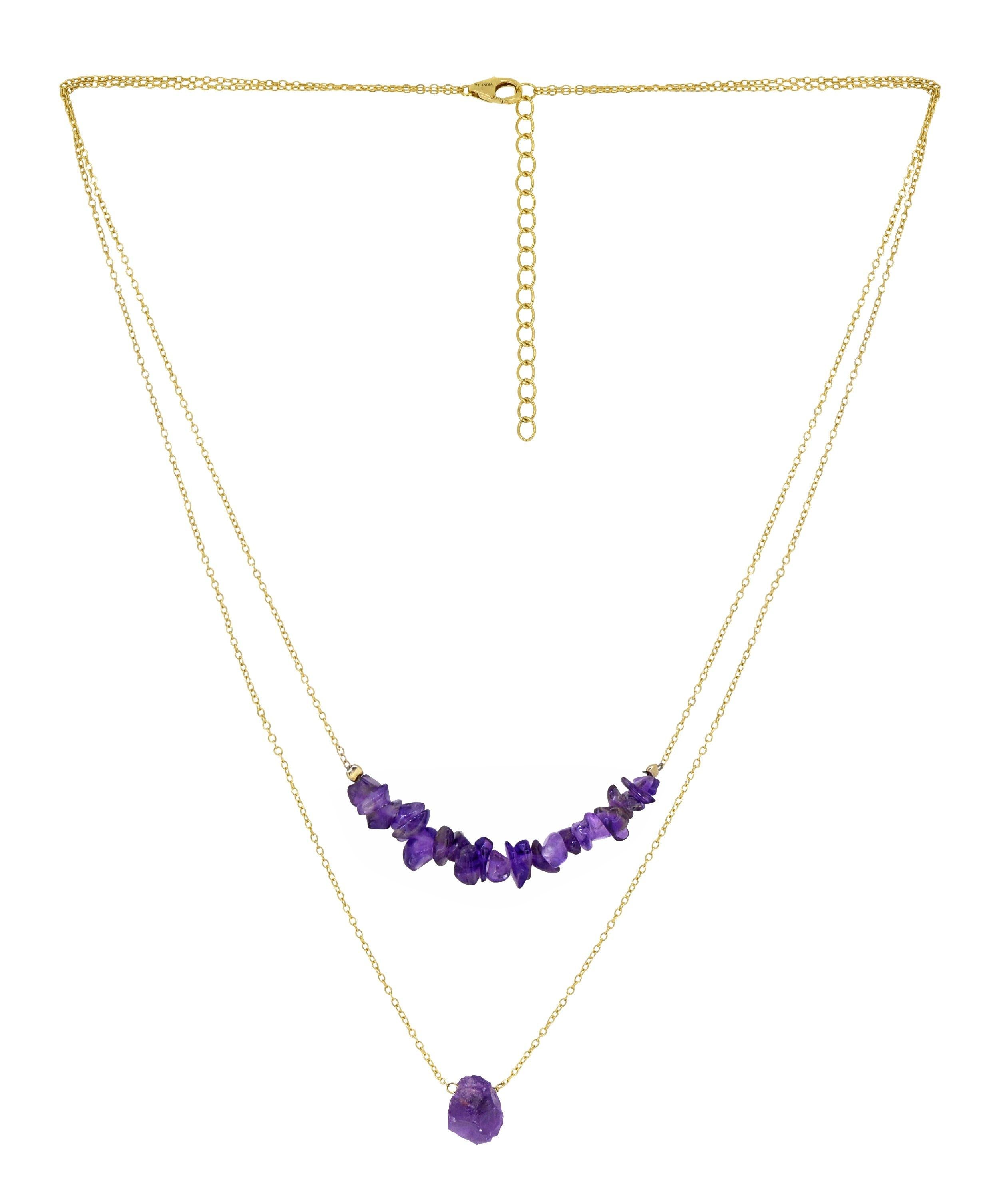 Amethyst Solid 925 Sterling Silver Gold Plated Double Layer Chain Pendant Necklace Jewelry - YoTreasure