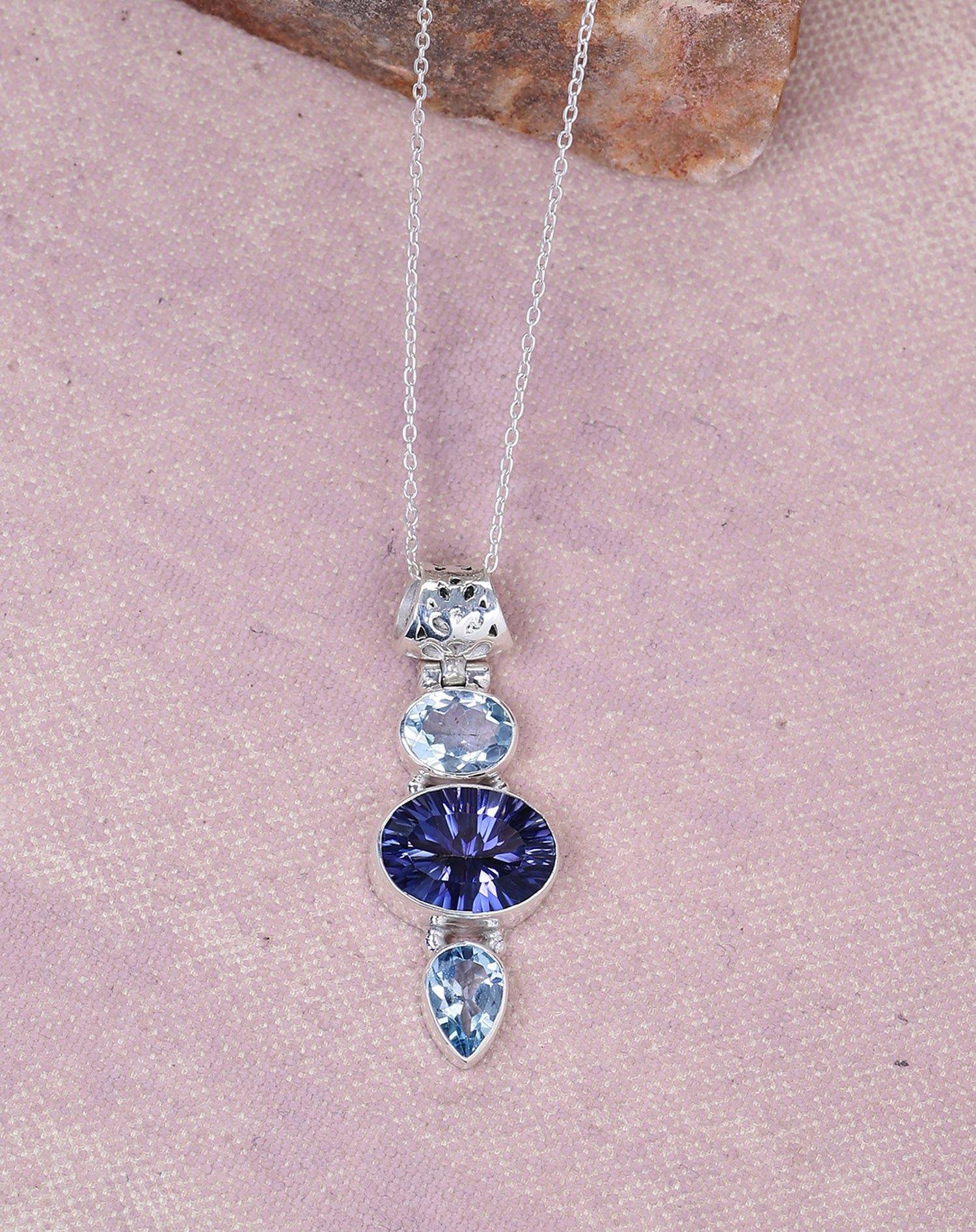 Blue Quartz Solid 925 Sterling Silver Chain Pendant Jewelry - YoTreasure