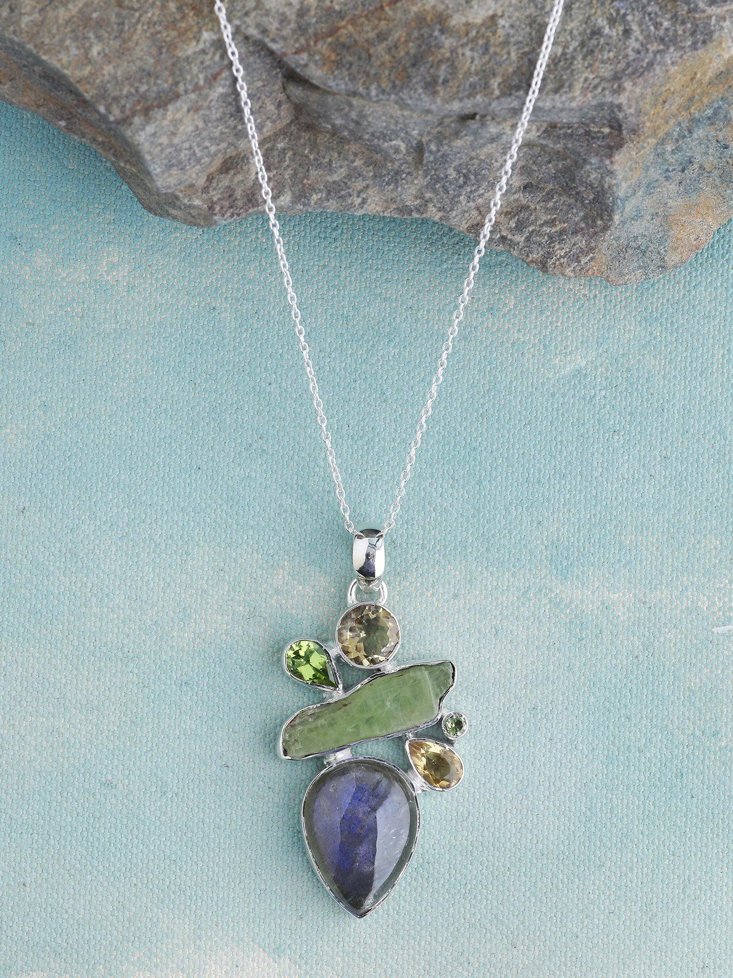 Labradorite Green Kyanite Solid 925 Sterling Silver Pendant - YoTreasure