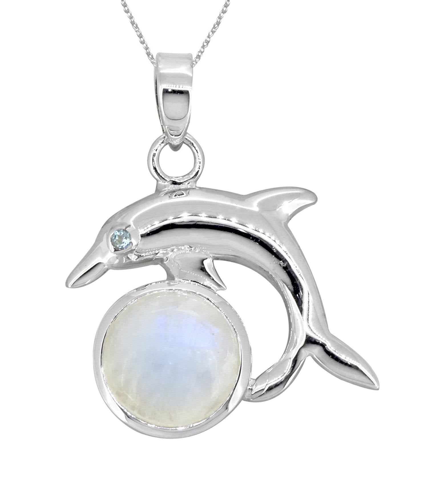 Moonstone Solid 925 Sterling Silver Chain Dolphin Design Pendant Jewelry - YoTreasure