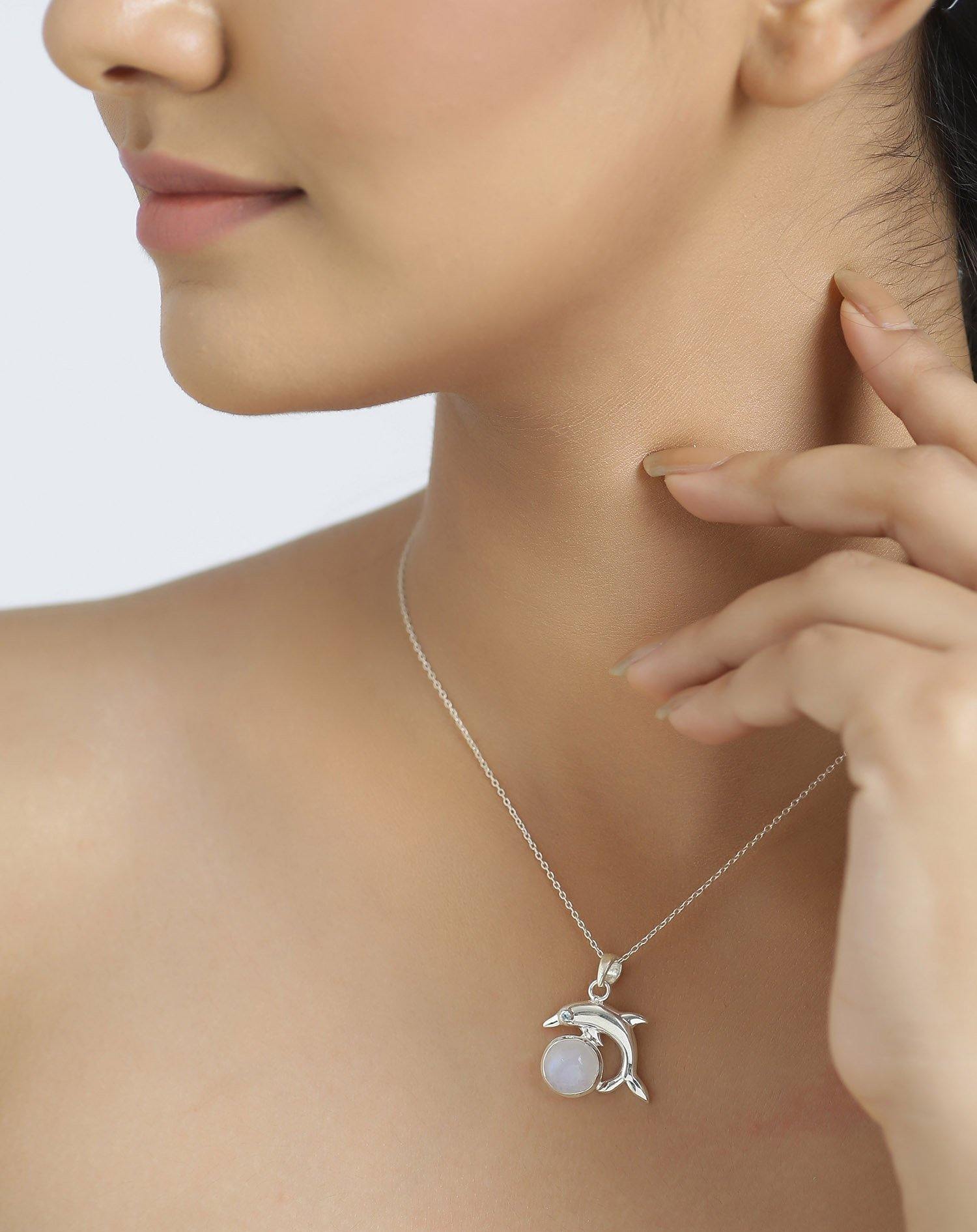 Moonstone Solid 925 Sterling Silver Chain Dolphin Design Pendant Jewelry - YoTreasure