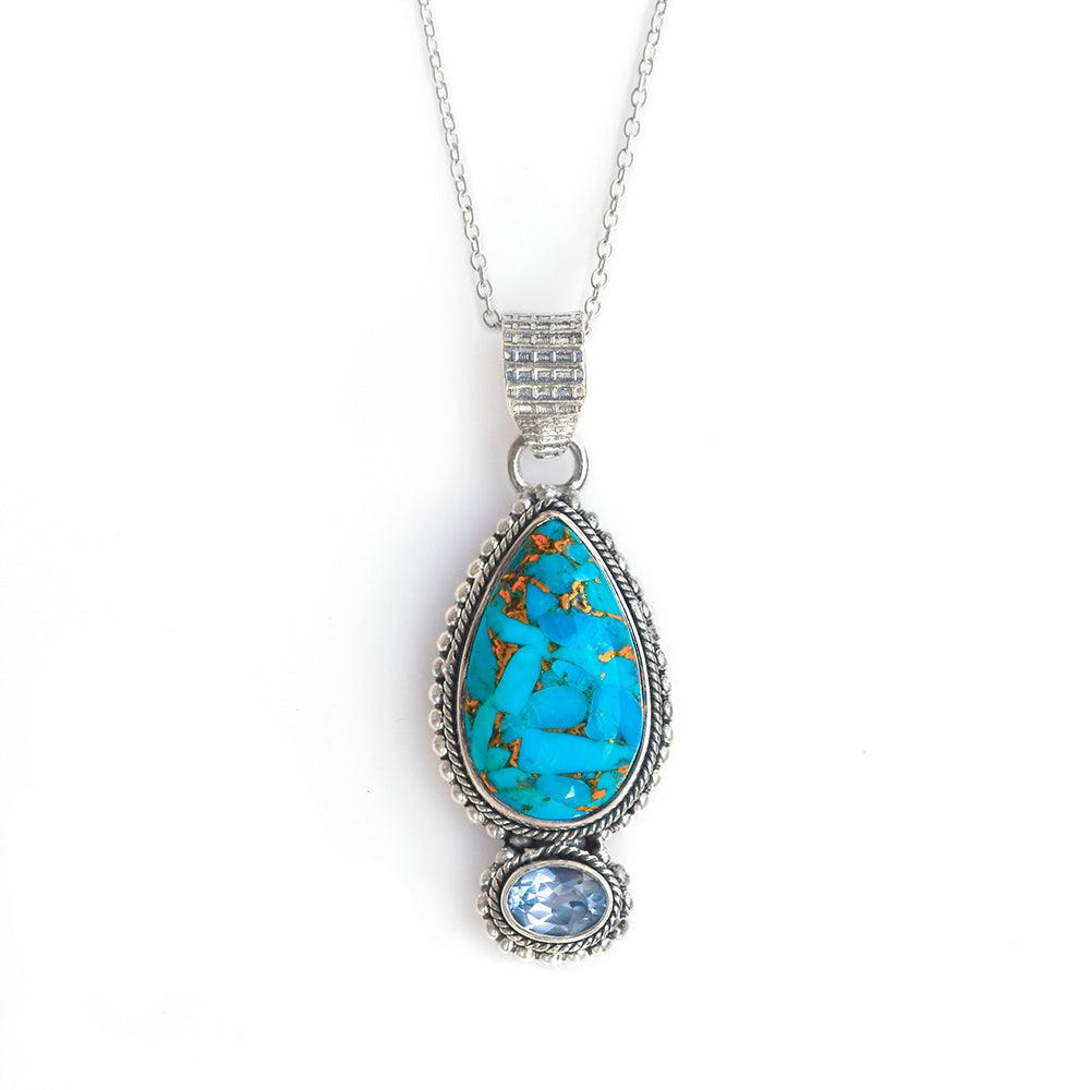 Blue Copper Turquoise Solid 925 Sterling Silver Chain Pendant Jewelry - YoTreasure