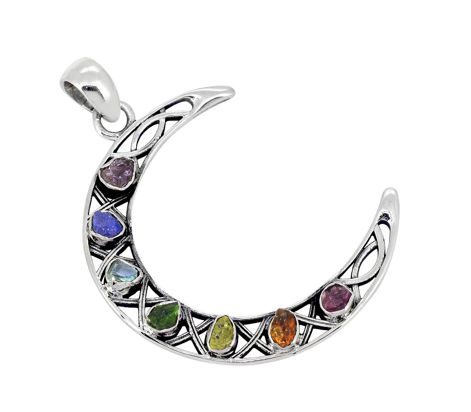 Rough Chakra Healing Stone Solid Sterling Silver Chain Crescent Moon Necklace Pendant Jewelry - YoTreasure