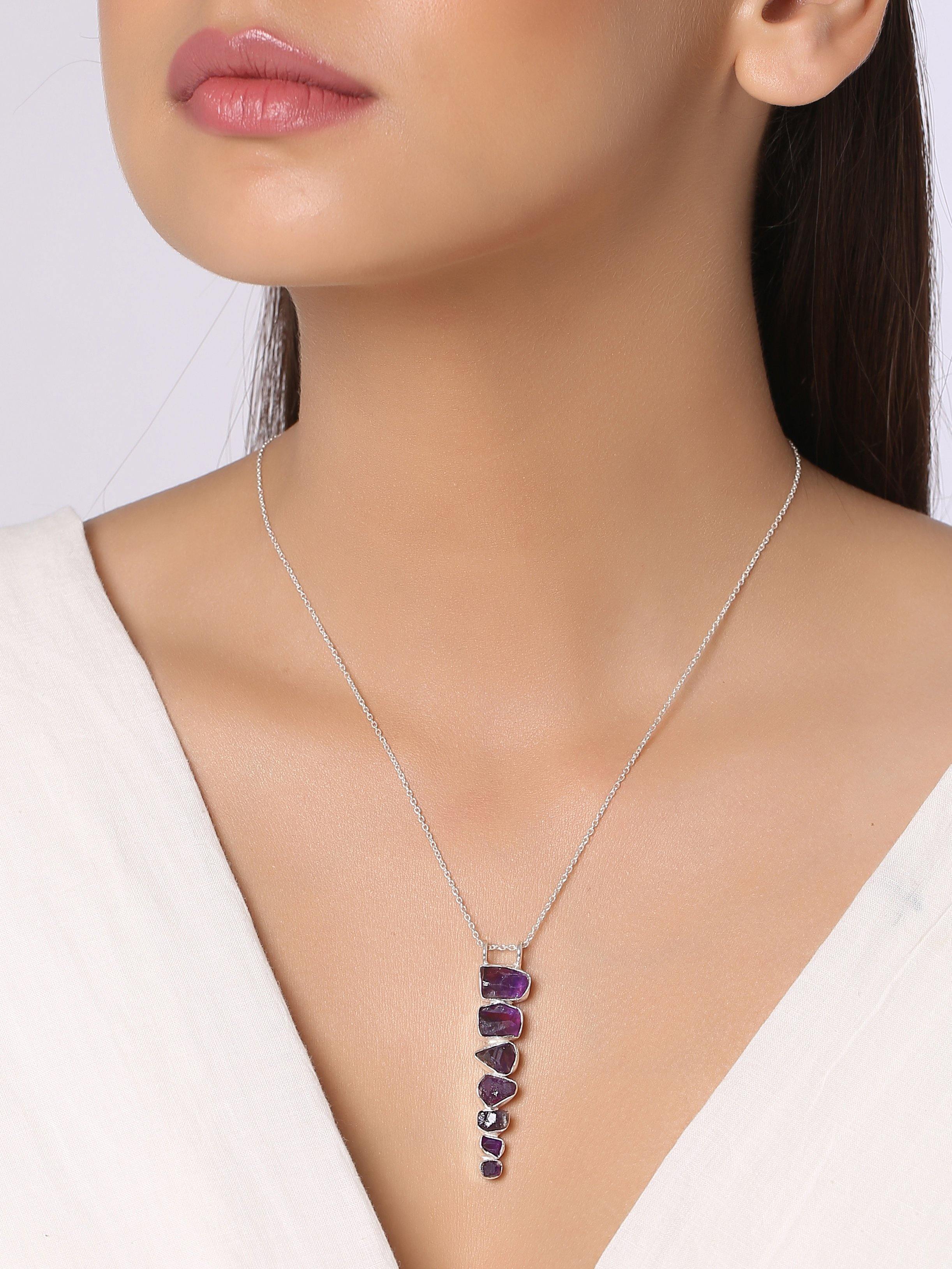 Natural Rough Amethyst Solid 925 Sterling Silver Long Pendant with 18 Inch Chain Necklace Jewelry - YoTreasure