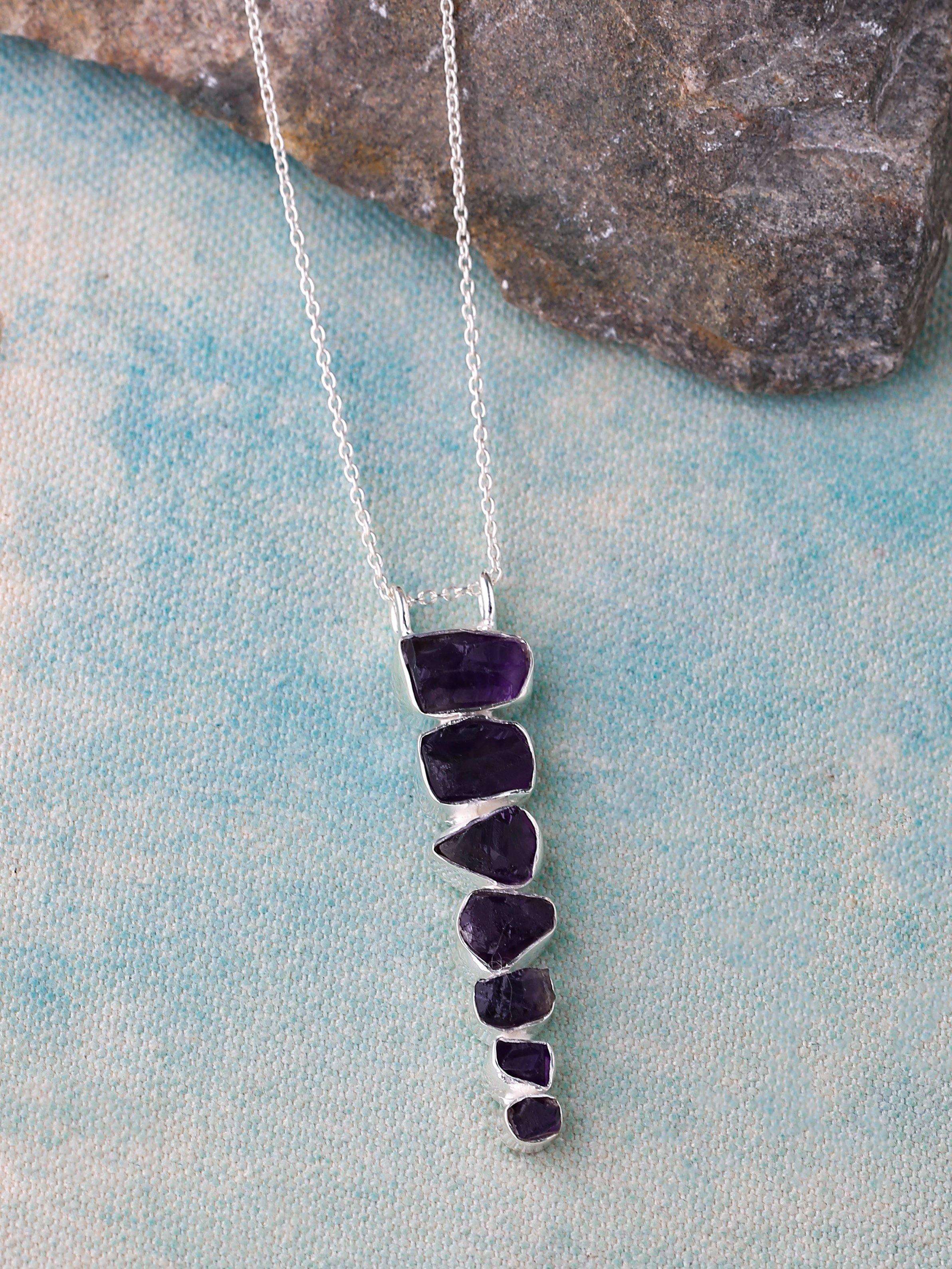 Natural Rough Amethyst Solid 925 Sterling Silver Long Pendant with 18 Inch Chain Necklace Jewelry - YoTreasure