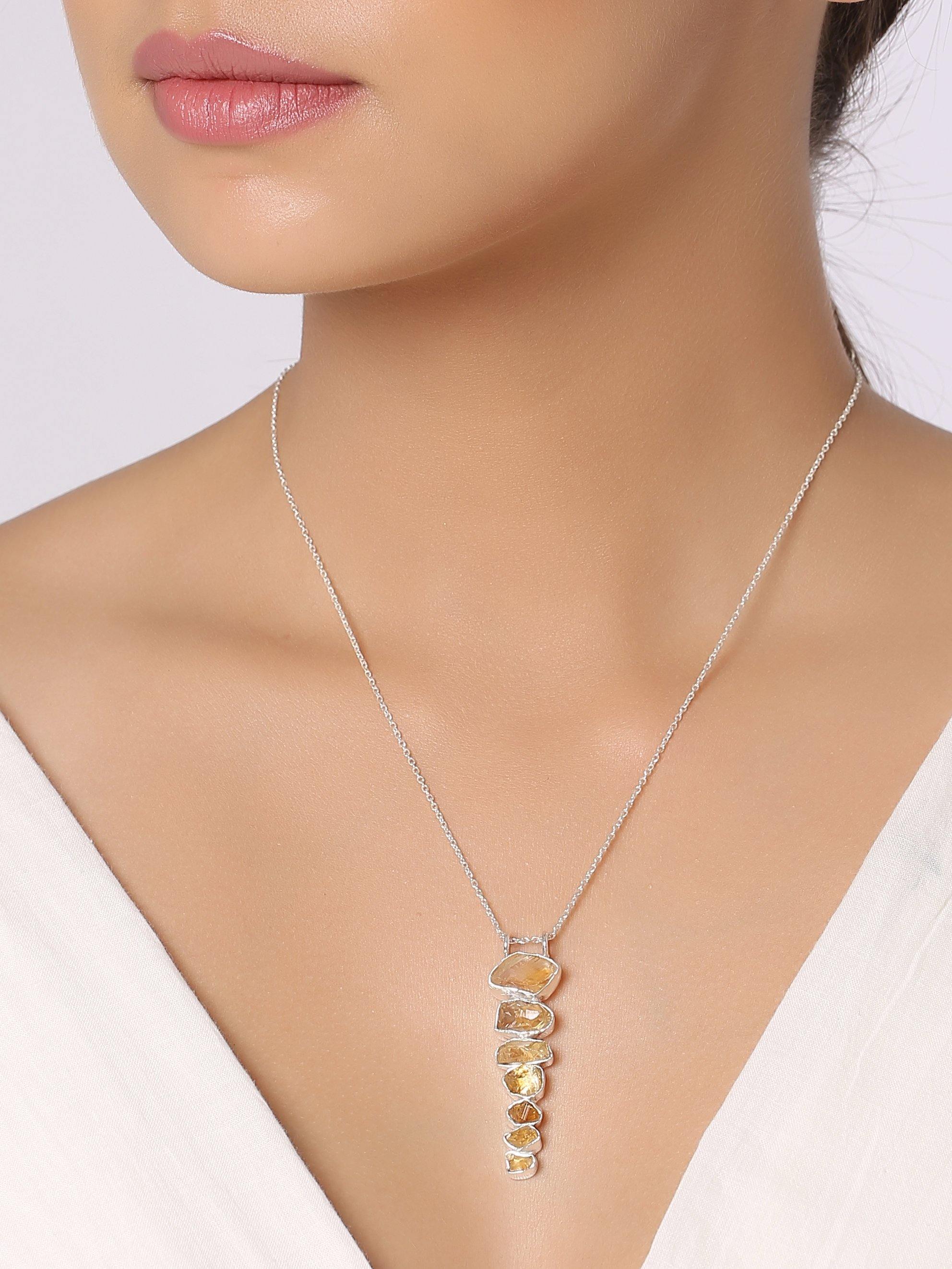 Rough Citrine Solid 925 Sterling Silver Pendant with 18 Inch Chain Necklace Jewelry - YoTreasure