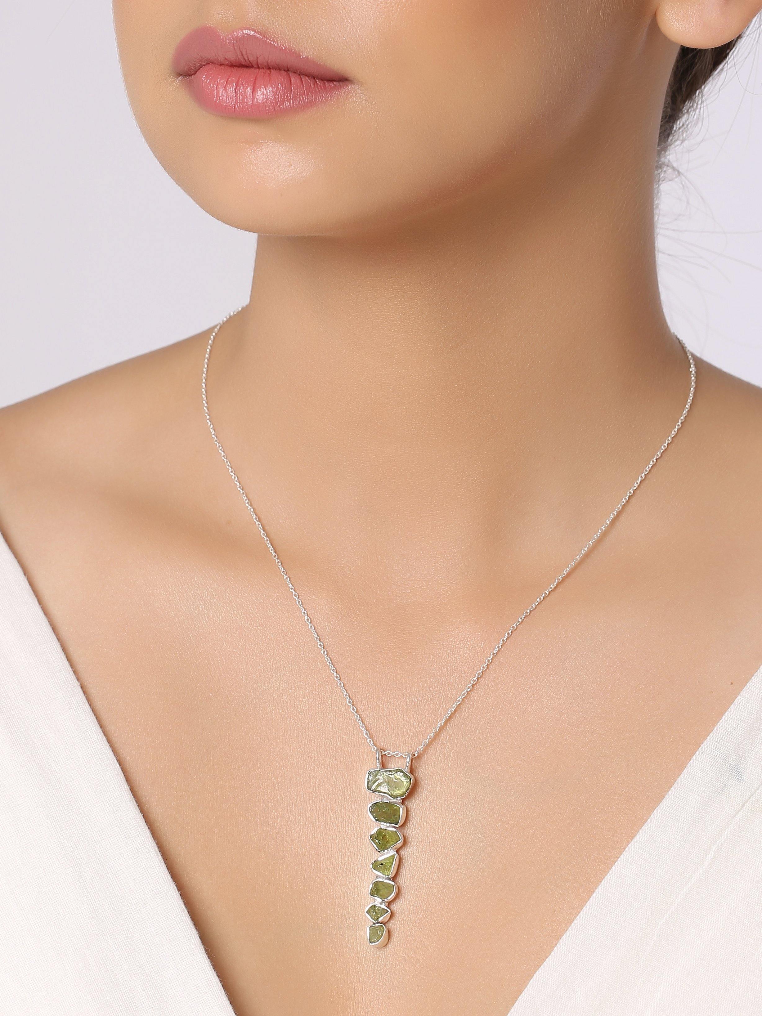 Rough Peridot Solid 925 Sterling Silver Pendant with 18 Inch Chain Necklace Jewelry - YoTreasure
