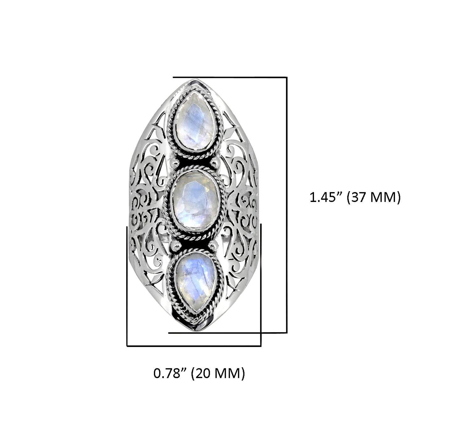 Moonstone Solid 925 Sterling Silver Filigree 3 Stone Ring Jewelry