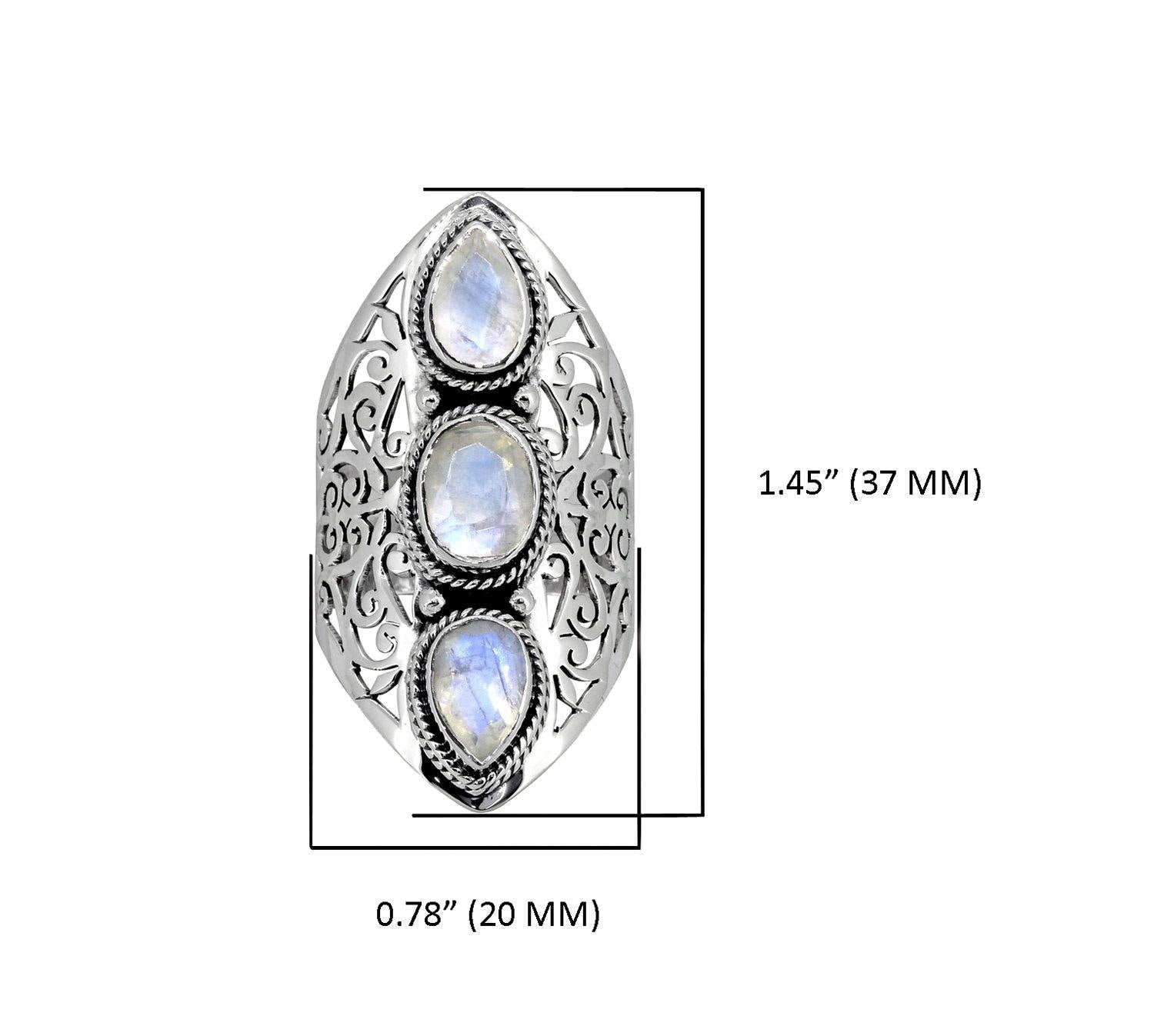 Moonstone Solid 925 Sterling Silver Filigree 3 Stone Ring Jewelry - YoTreasure