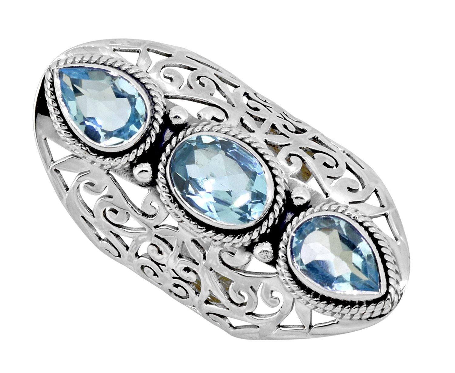 Blue Topaz Solid 925 Sterling Silver Designer Filigree Ring Jewelry - YoTreasure