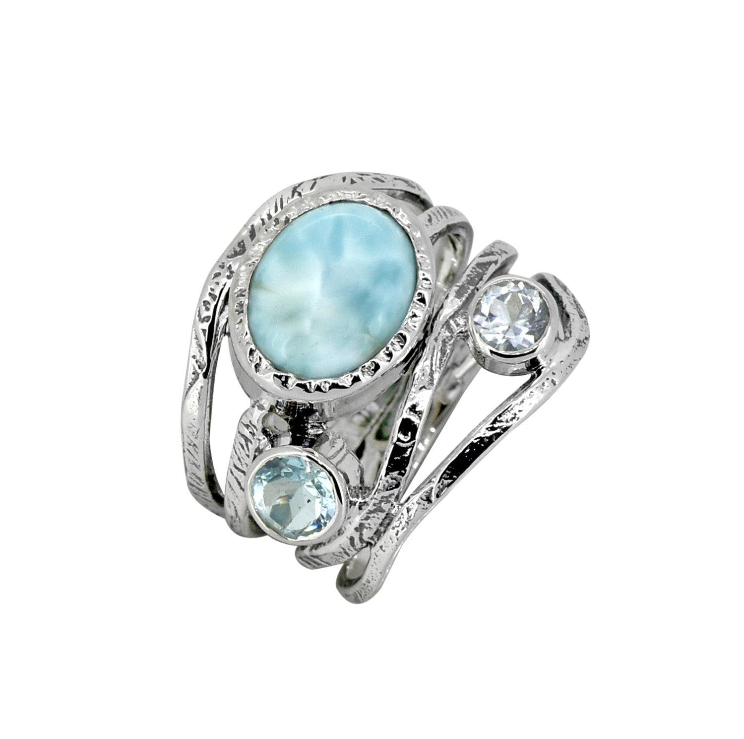 Natural Larimar Blue Topaz Solid 925 Sterling Silver Designer Bypass Ring Jewelry - YoTreasure