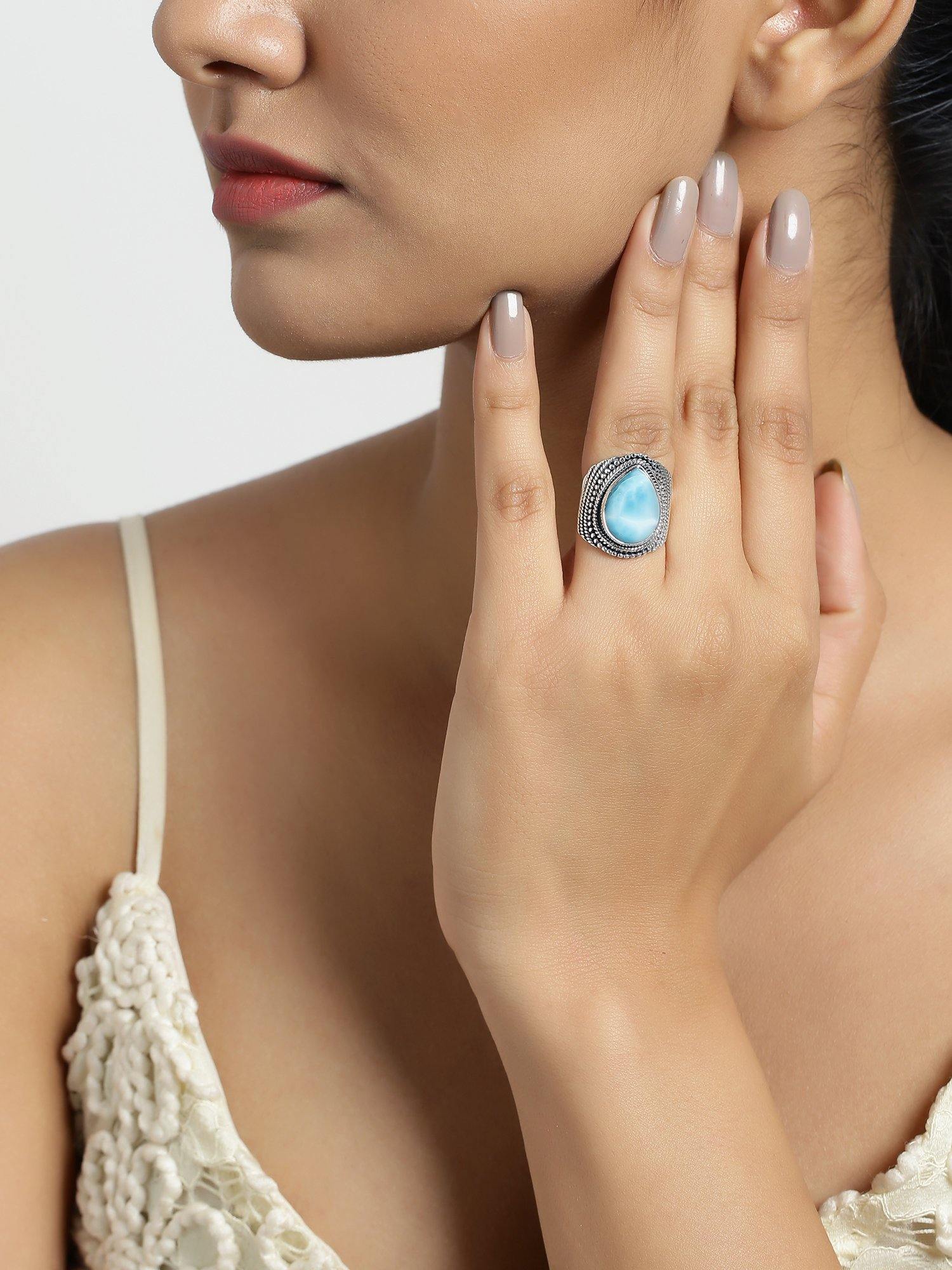 Natural Larimar Solid 925 Sterling Silver Designer Ring Jewelry - YoTreasure