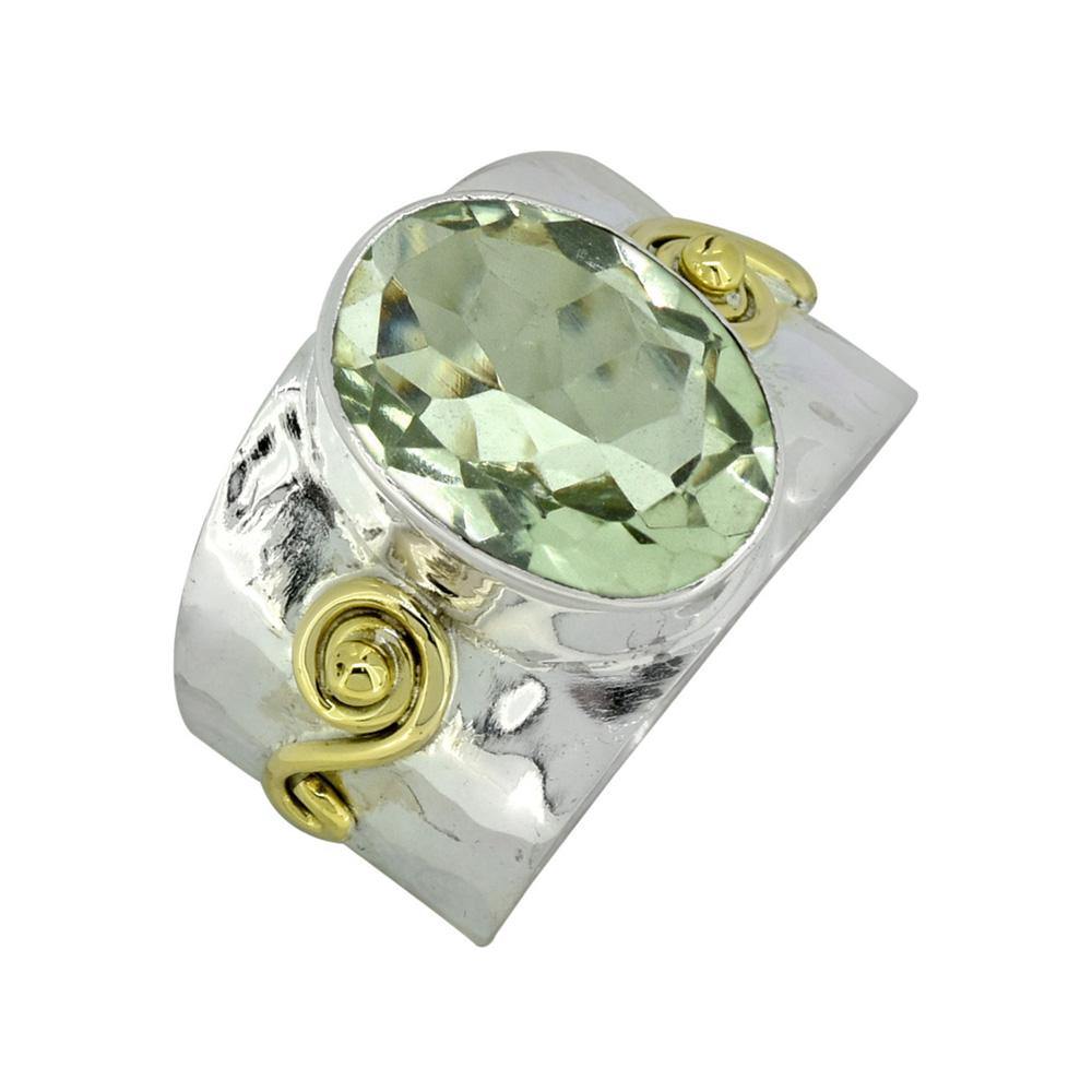 Solid 925 Sterling Silver Brass Green Amethyst Ring - YoTreasure