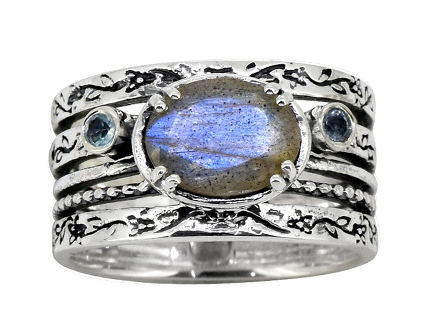 Labradorite Swiss Blue Topaz Solid 925 Sterling Silver Ring - YoTreasure