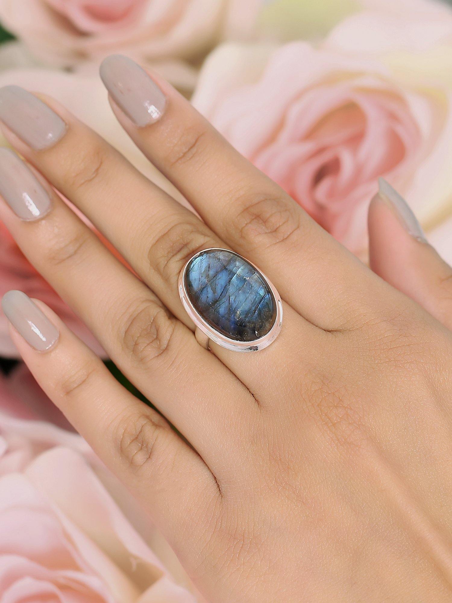Yotreasure 8mm Natural Trillion Labradorite 925 Sterling Silver Cocktail Ring - Women's Gemstone Jewelry