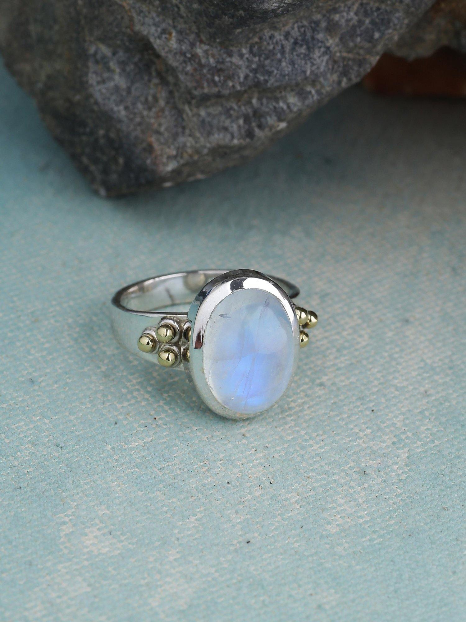 10x12 MM Moonstone Solitaire Ring 925 Sterling Silver With Brass Accents - YoTreasure
