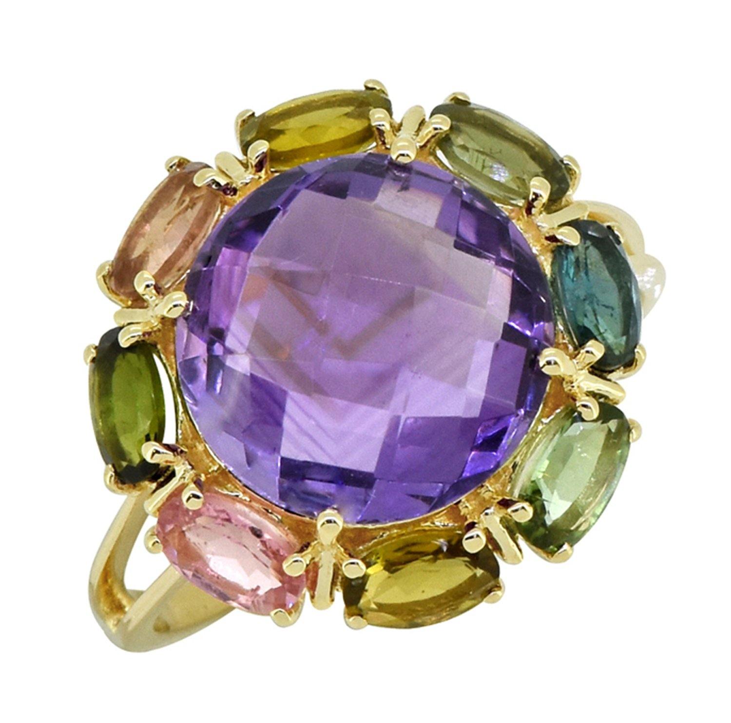 7.54 Ct Purple Amethyst Multi Tourmaline Solid 14k Yellow Gold Cluster Ring Jewelry - YoTreasure