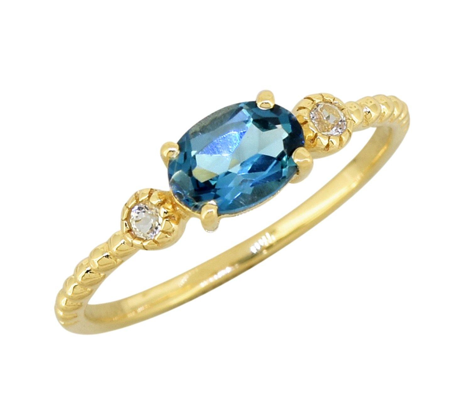 London Blue Topaz White Topaz Solid 925 Sterling Silver Gold Plated Promise Ring Genuine Gemstone Jewelry - YoTreasure