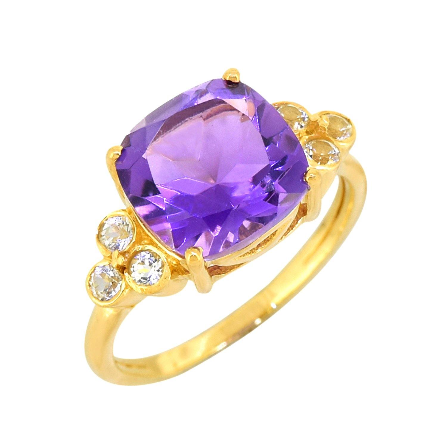 Amethyst White Topaz Solid 925 Sterling Silver Gold Plated Ring Genuine Gemstone Jewelry - YoTreasure