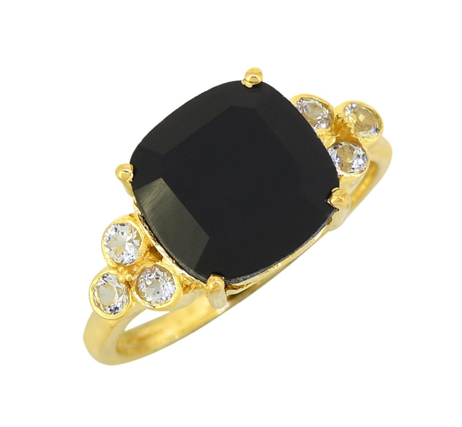 Black Onyx Solid 925 Sterling Silver Gold Plated Ring