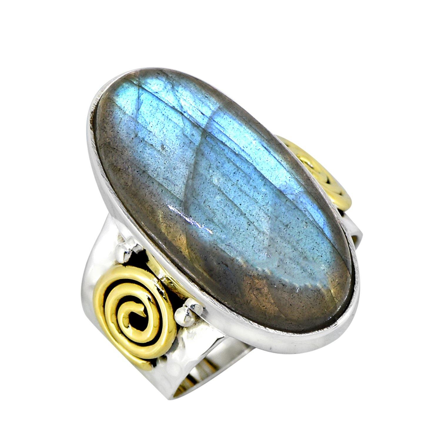 Labradorite 925 Sterling Silver Brass Ring Genuine Gemstone Jewelry - YoTreasure